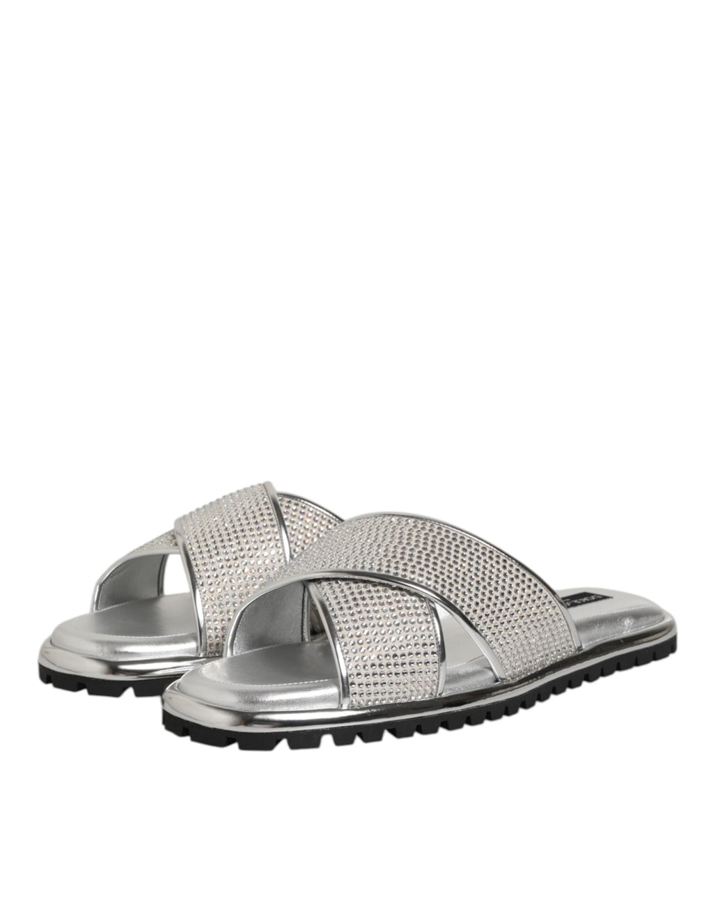 Chaussures Dolce & Gabbana en argent avec strass, slippers plates et confortables pour femmes.