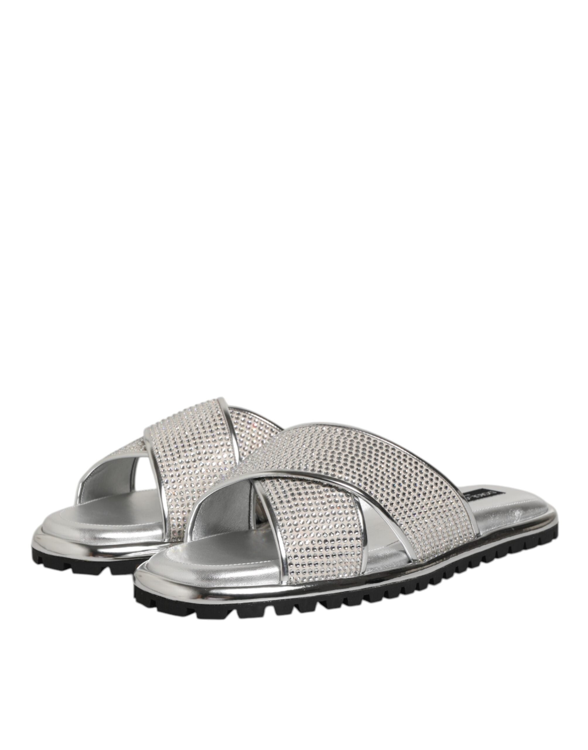 Chaussures Dolce & Gabbana en argent avec strass, slippers plates et confortables pour femmes.