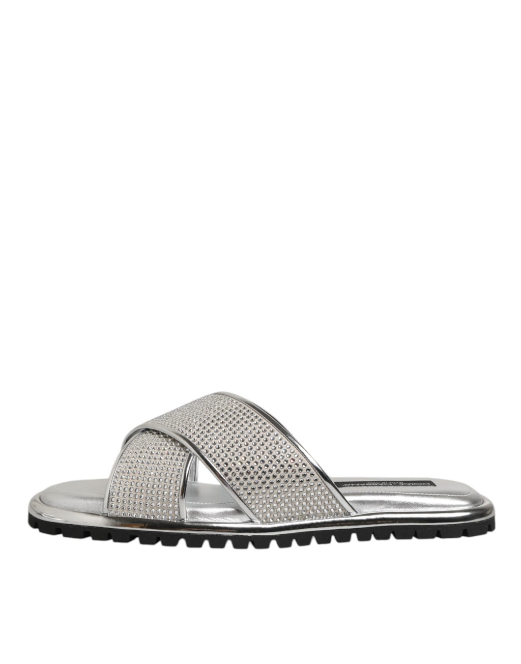 Sandales plates Dolce & Gabbana en strass argentés, chaussures élégantes et confortables pour femmes.