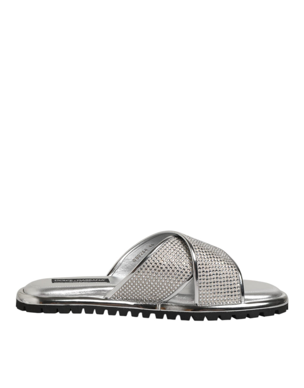 Sandales plates Dolce & Gabbana en argent avec strass, chaussures élégantes pour femmes, semelle confortable et design brillant.