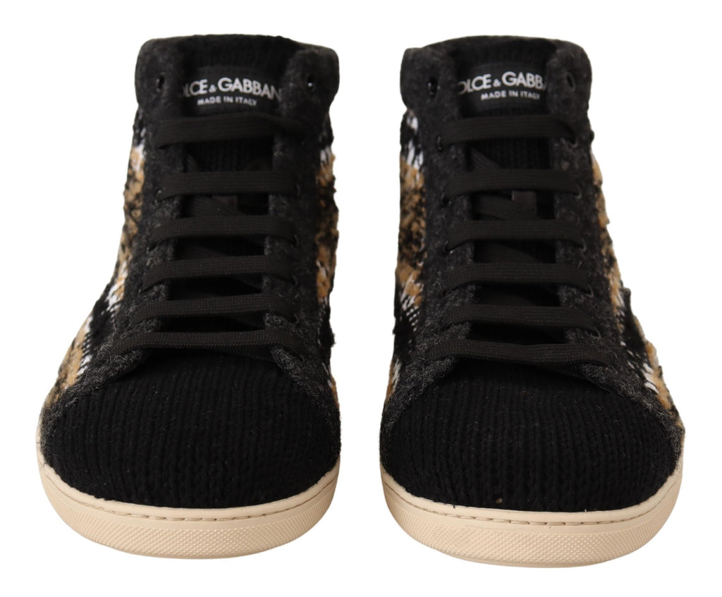 Chaussures hautes en laine et coton beige et marron Dolce & Gabbana, sneakers de style urbain avec semelle blanche.