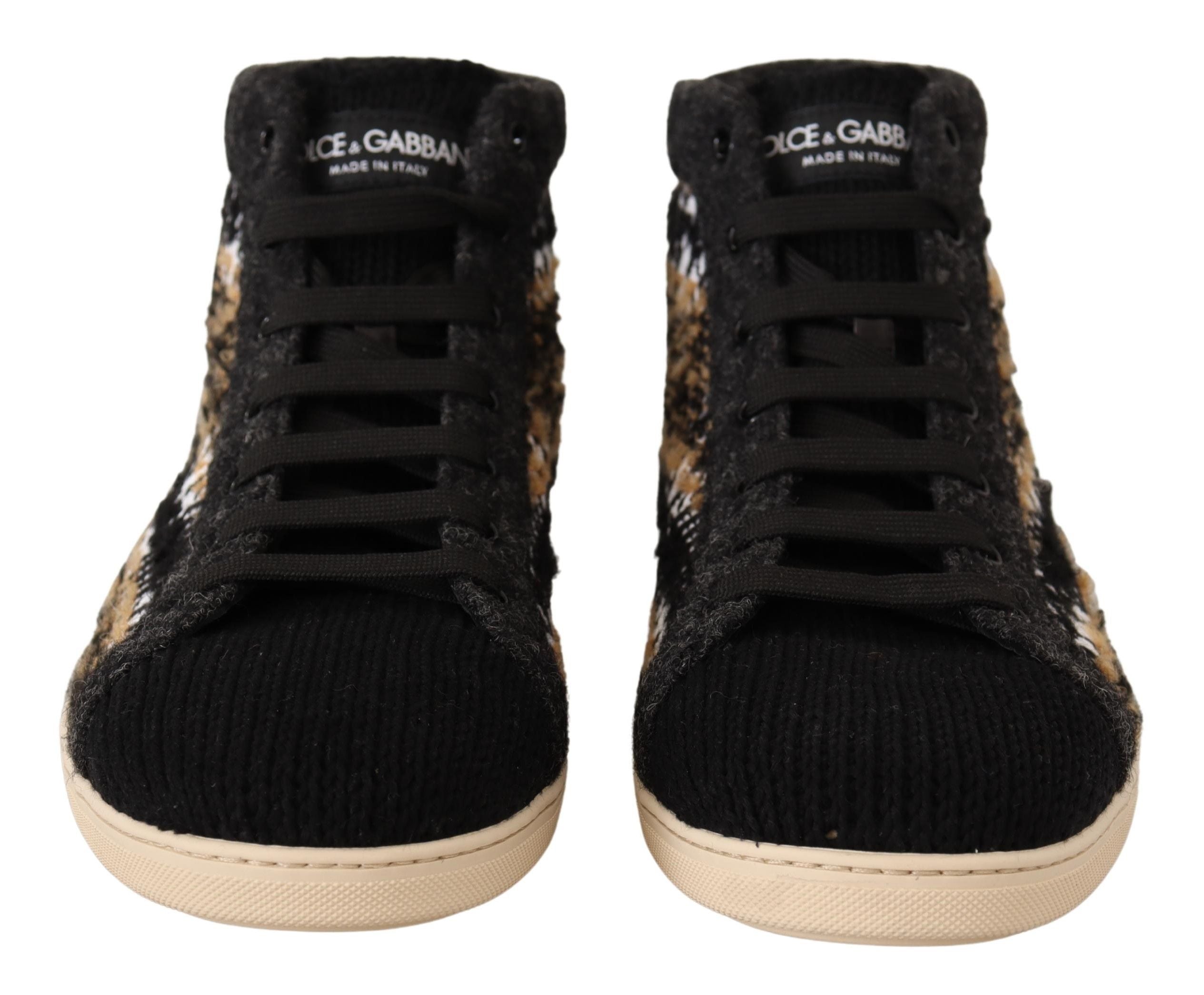 Chaussures hautes en laine et coton beige et marron Dolce & Gabbana, sneakers de style urbain avec semelle blanche.