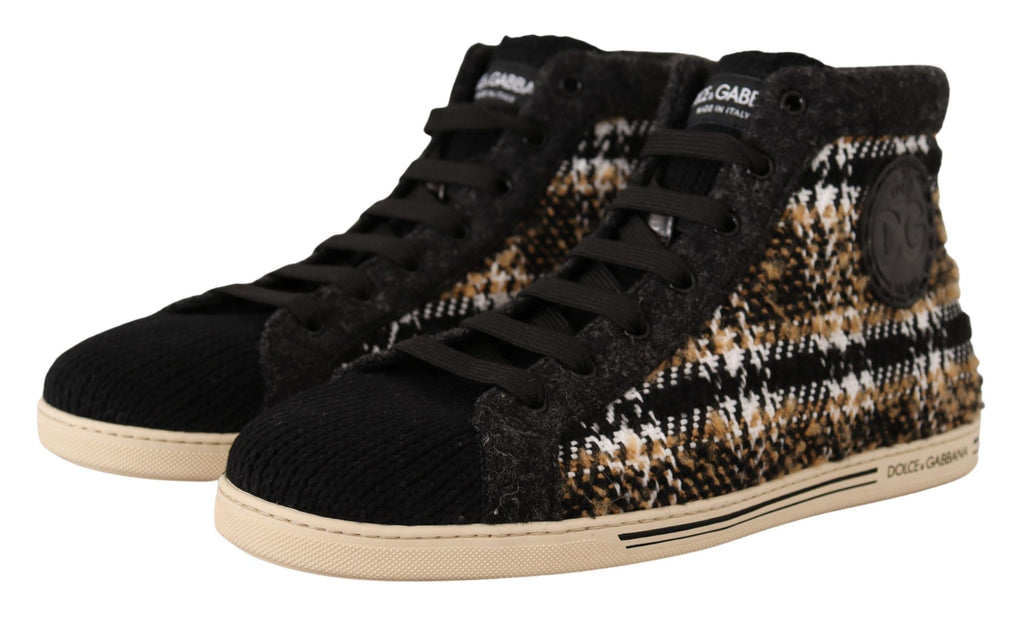 Chaussures sneakers montantes en laine et coton beige et marron Dolce & Gabbana, vue de face sur fond blanc