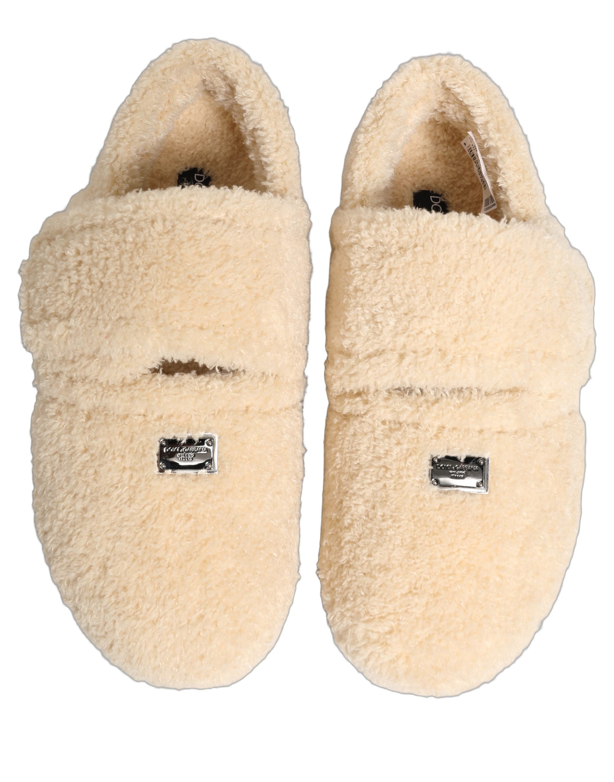 Chaussures Dolce & Gabbana, slippers pour hommes en fausse fourrure beige, sandales plates élégantes et confortables.