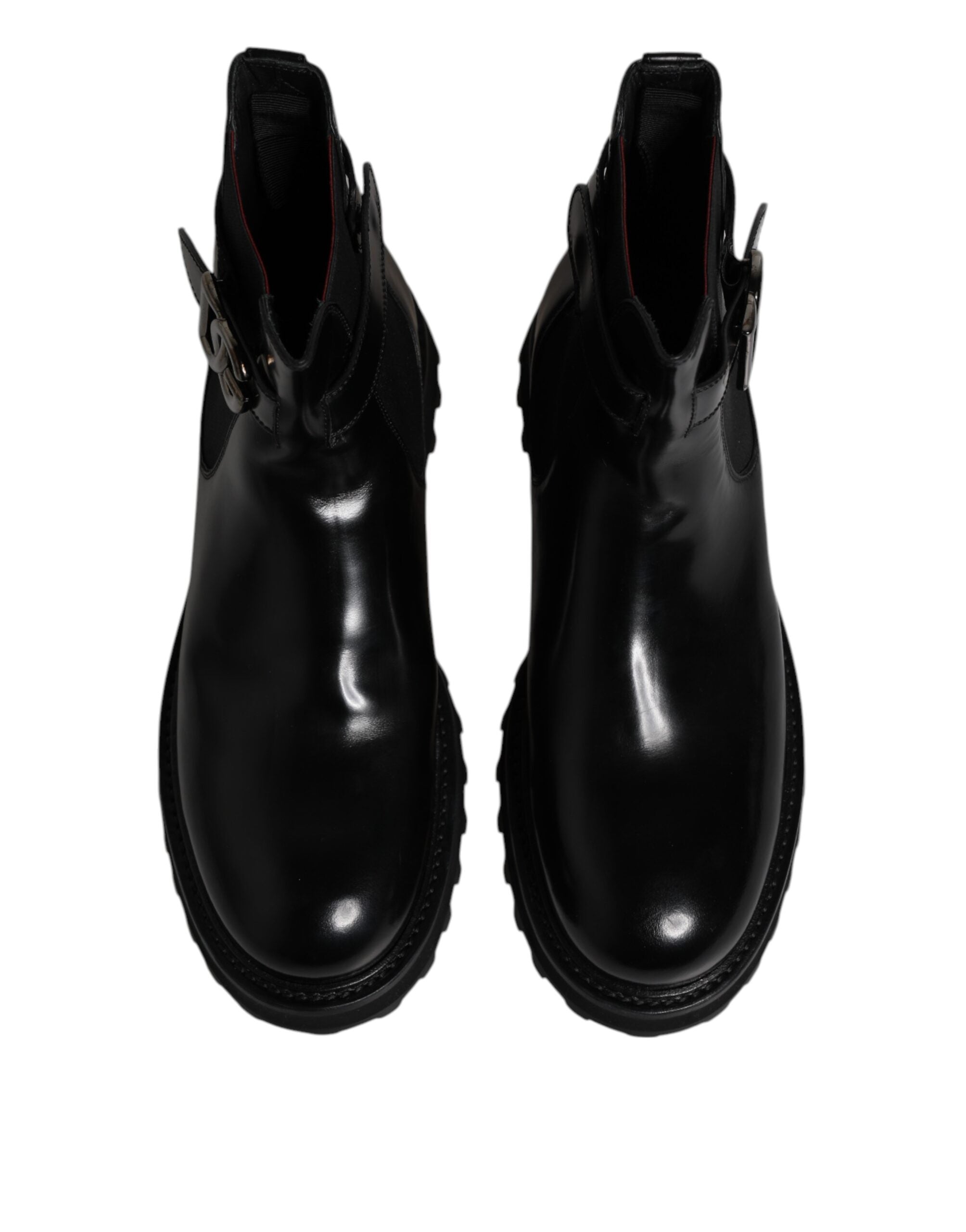 Bottes Chelsea noires pour homme Dolce & Gabbana avec boucle, logo DG et ceinture intégrée, en cuir élégant.