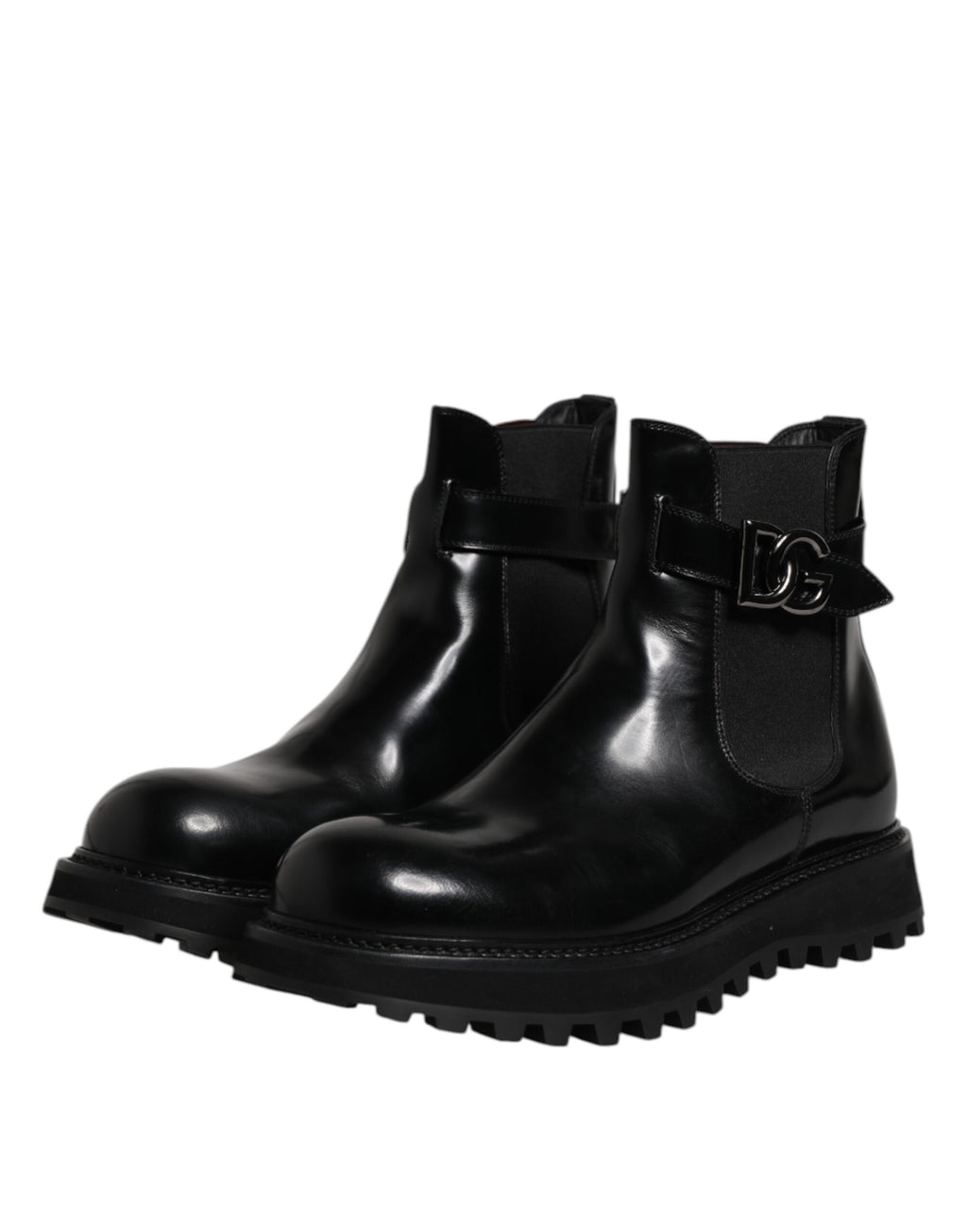 Chaussures Chelsea noires Dolce & Gabbana avec ceinture et logo DG, style élégant pour hommes, vue de face.