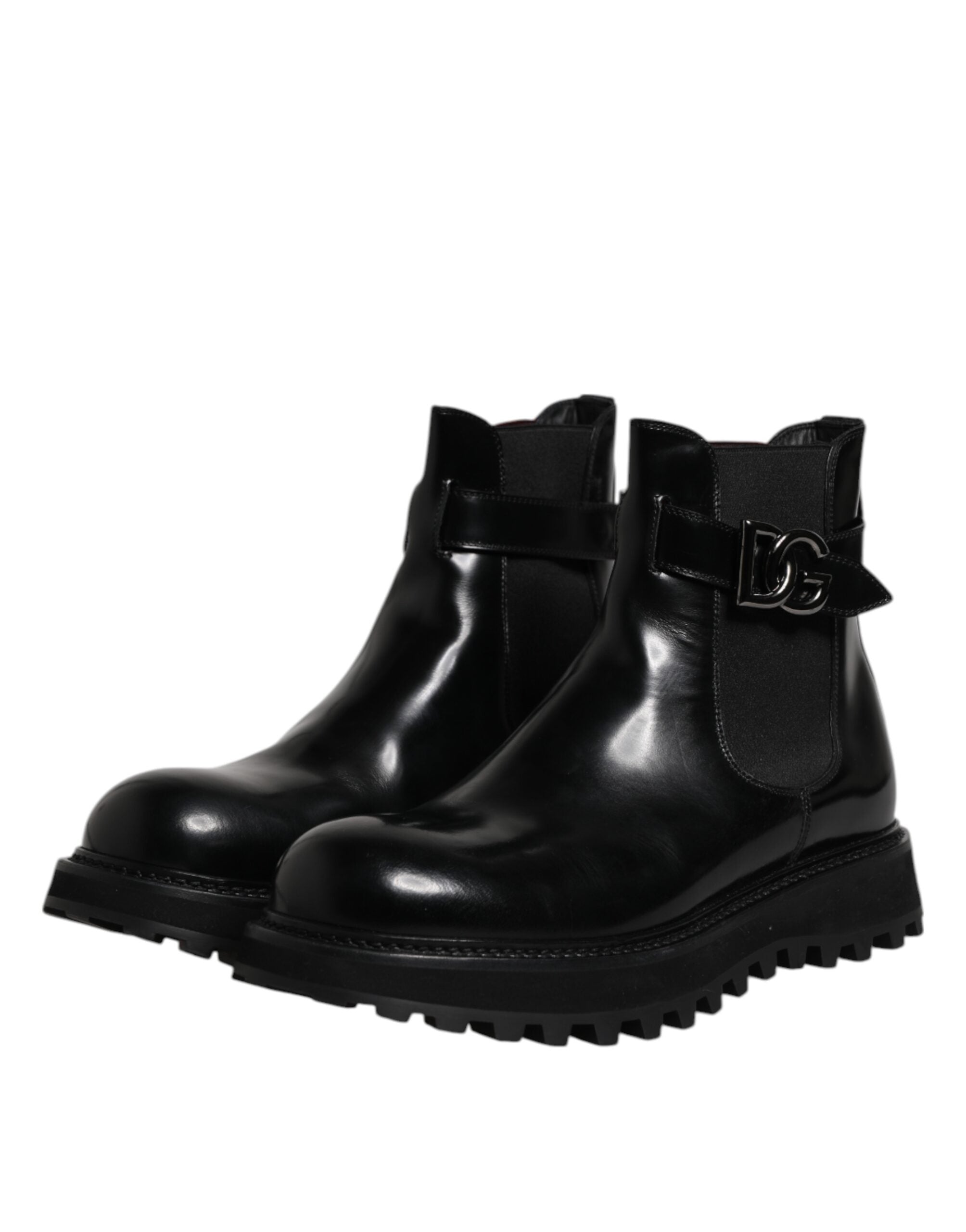 Chaussures Chelsea noires Dolce & Gabbana avec ceinture et logo DG, style élégant pour hommes, vue de face.