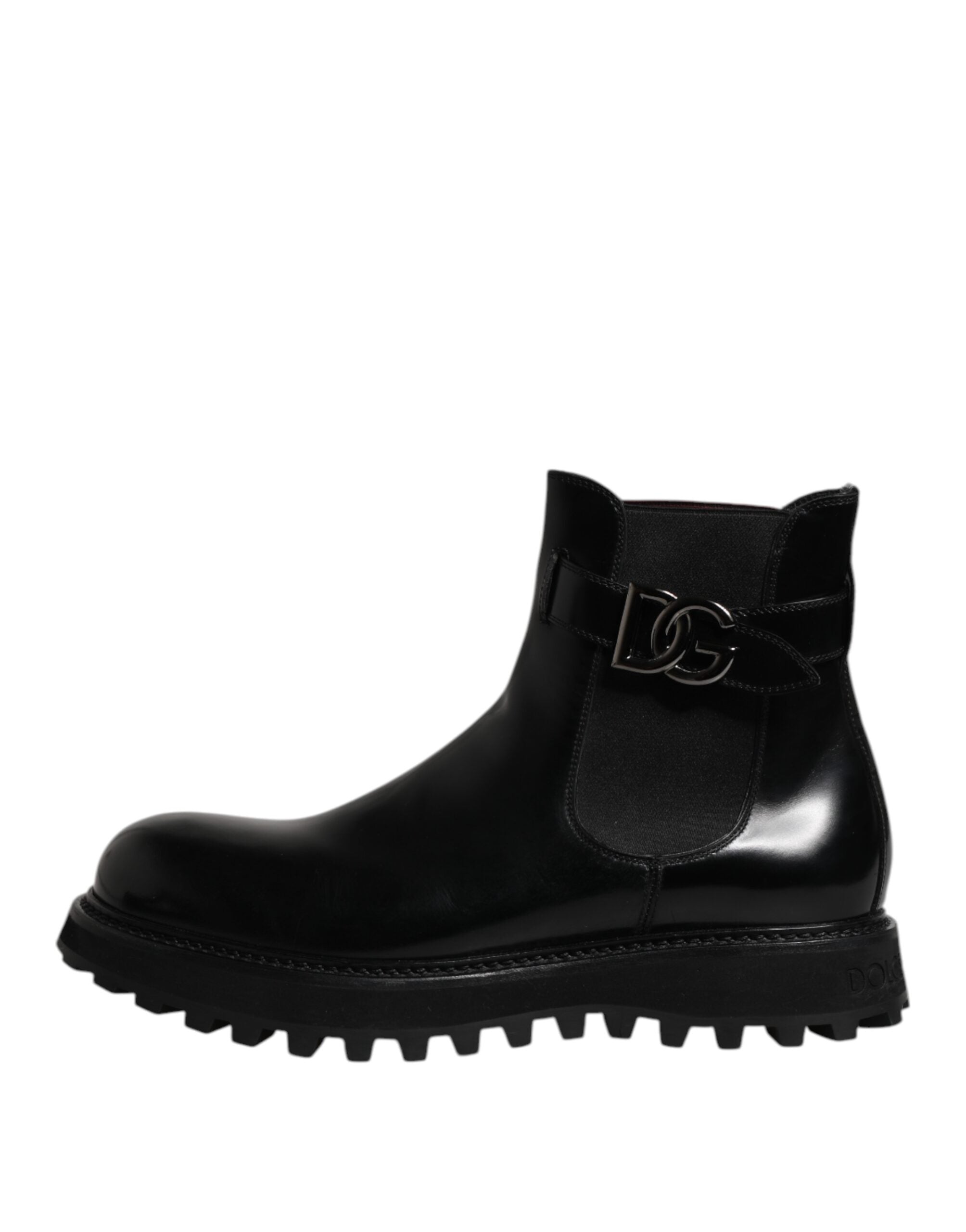 Chaussures Chelsea pour homme Dolce & Gabbana, bottines noires avec ceinture et logo DG visible.