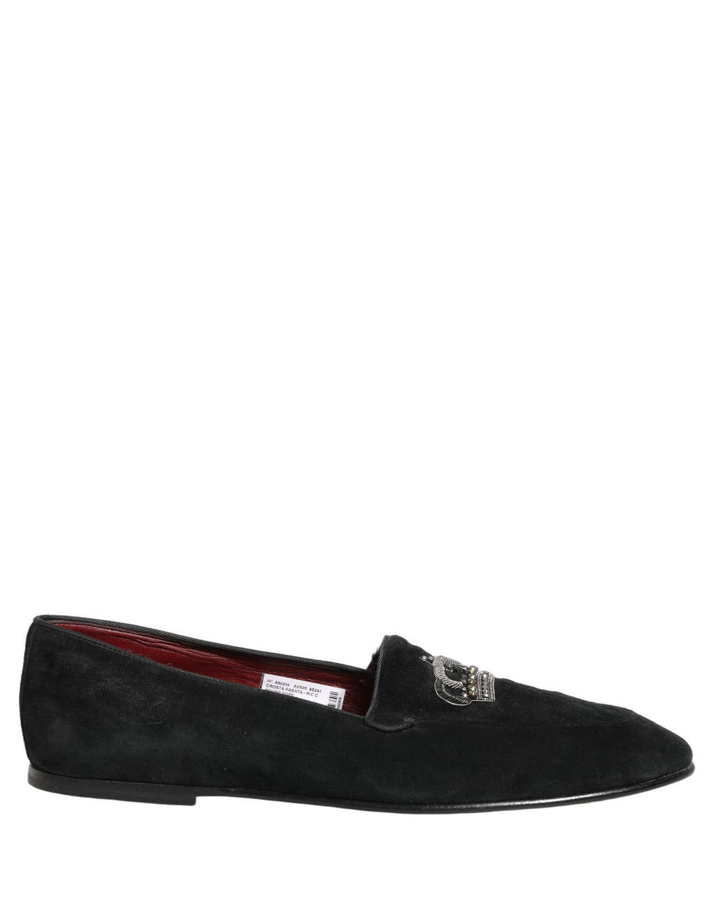 Chaussures loafers Dolce & Gabbana noires avec couronne ornée, élégantes et sophistiquées, vues de face sur fond blanc.