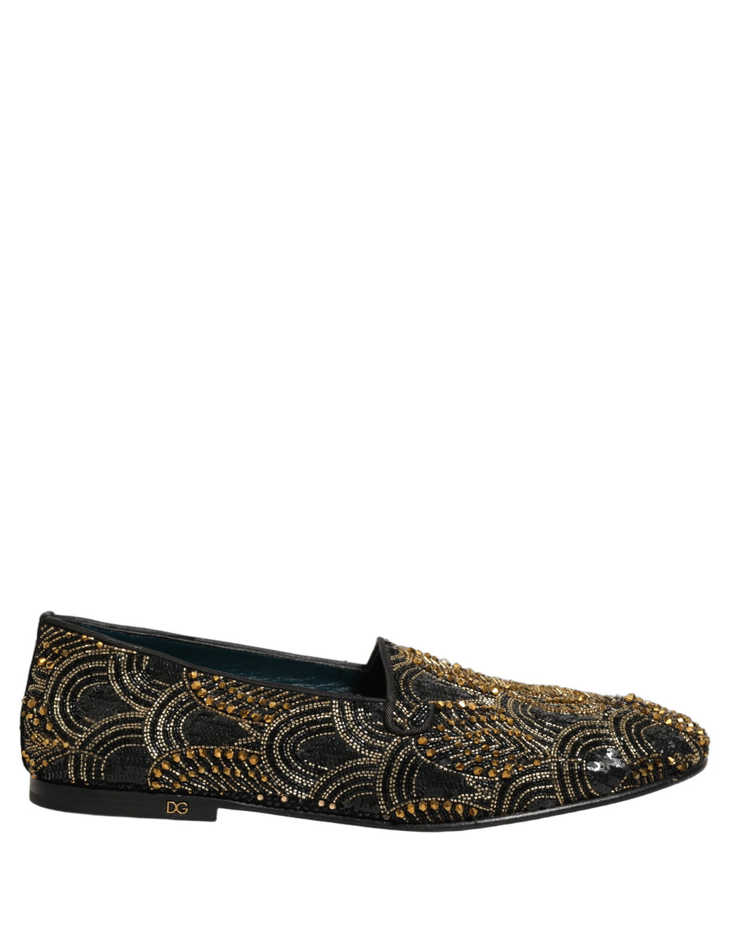 Chaussures Dolce & Gabbana noires à ornements dorés, élégantes mocassins à enfiler avec détails scintillants.