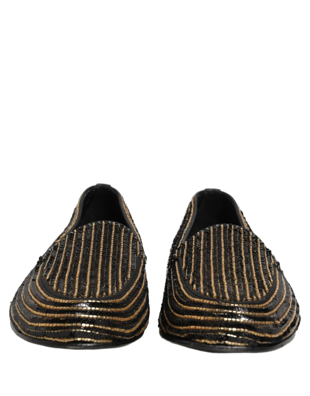 Chaussures de mocassins pour hommes Dolce & Gabbana noires avec sequins dorés, élégantes et brillantes, en cuir de luxe.