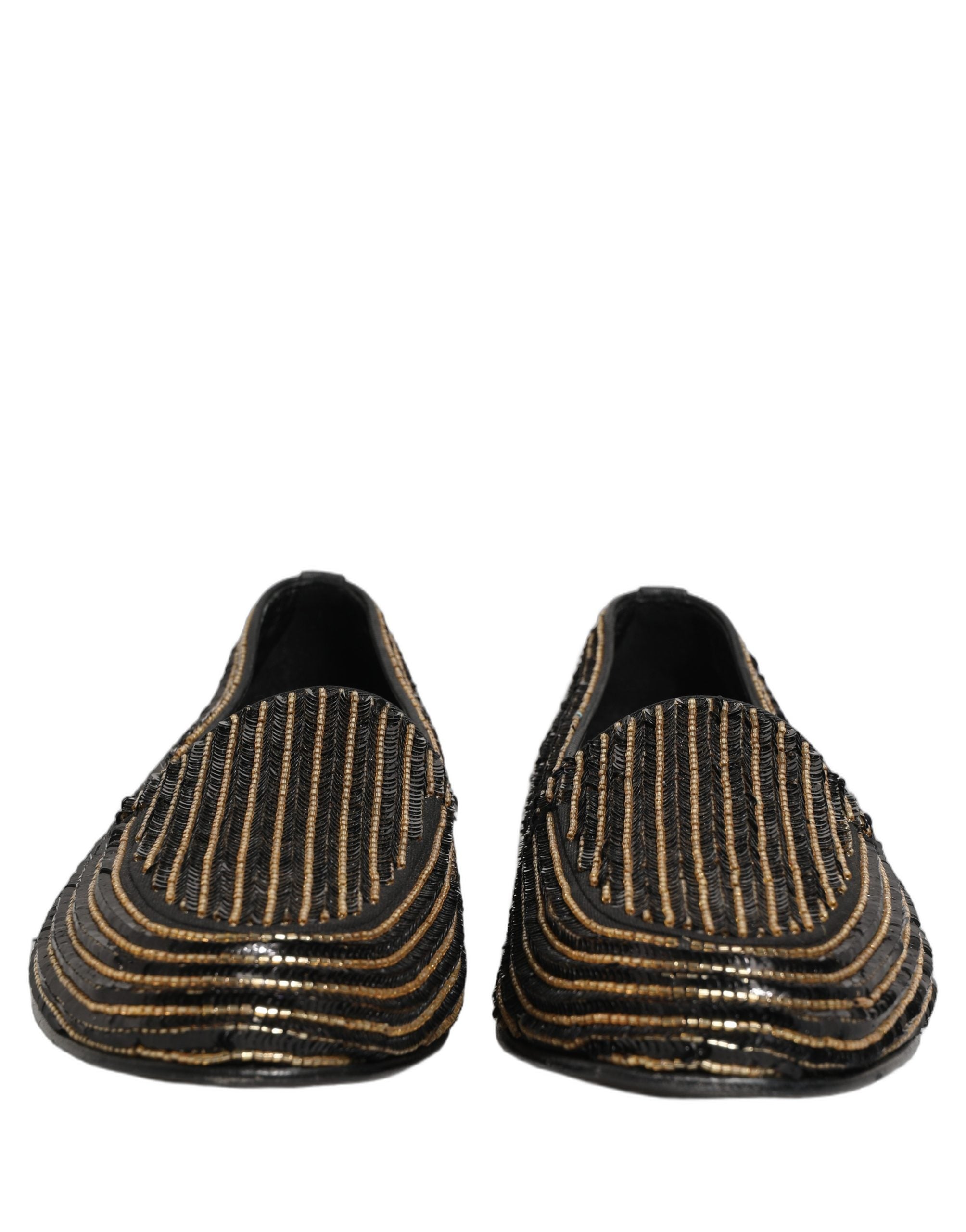 Chaussures de mocassins pour hommes Dolce & Gabbana noires avec sequins dorés, élégantes et brillantes, en cuir de luxe.
