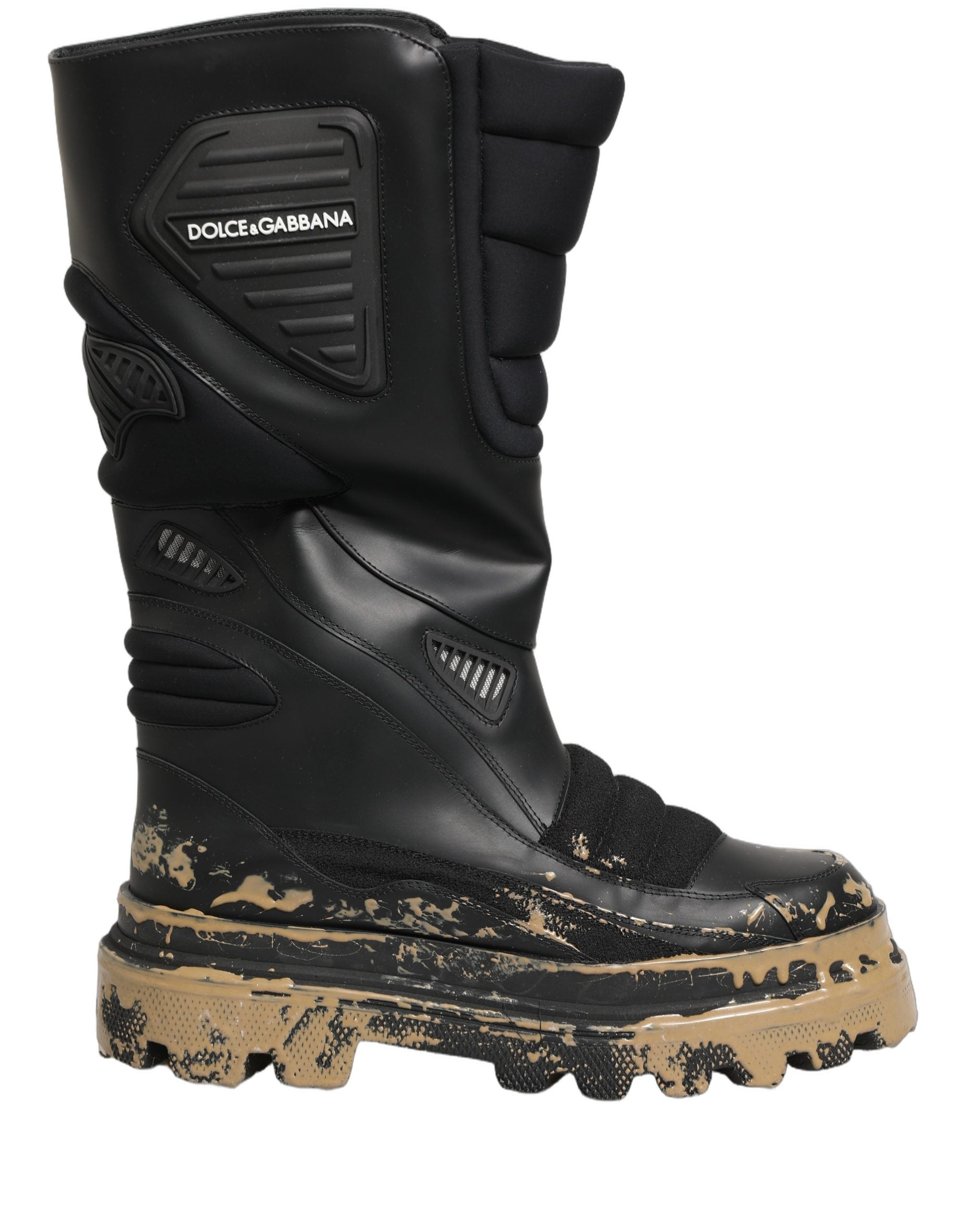 Bottes homme en cuir noir de style biker Dolce & Gabbana, mi-mollet, avec détails en cuir et semelle robuste.