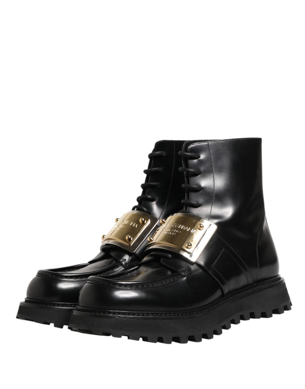 Bottes en cuir noir Dolce & Gabbana avec plaque DG, lacets, style élégant, vue de face.