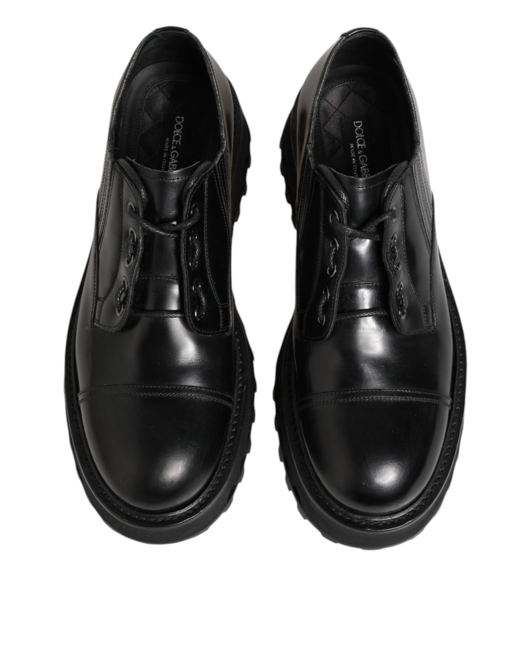 Chaussures Derby en cuir noir Dolce & Gabbana pour hommes avec laçage, élégantes et sophistiquées, vue de face.