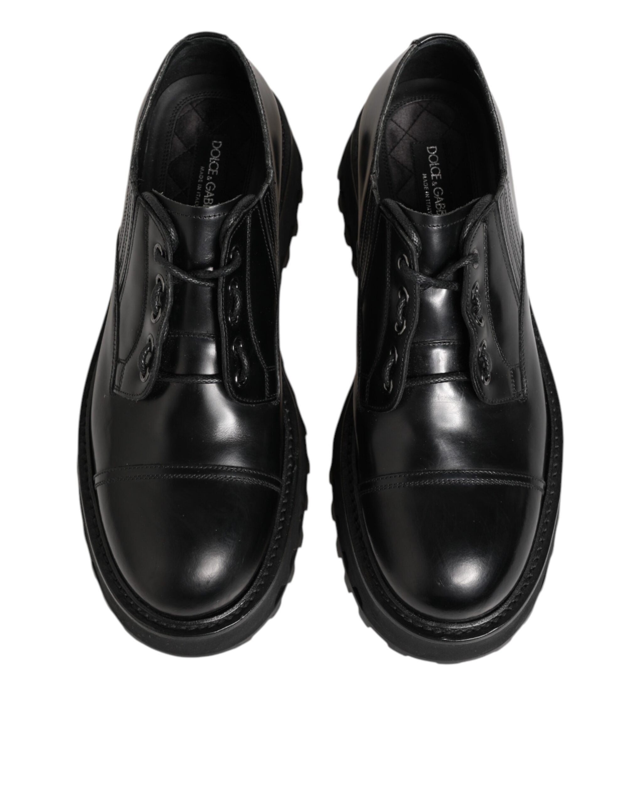 Chaussures Derby en cuir noir Dolce & Gabbana pour hommes avec laçage, élégantes et sophistiquées, vue de face.