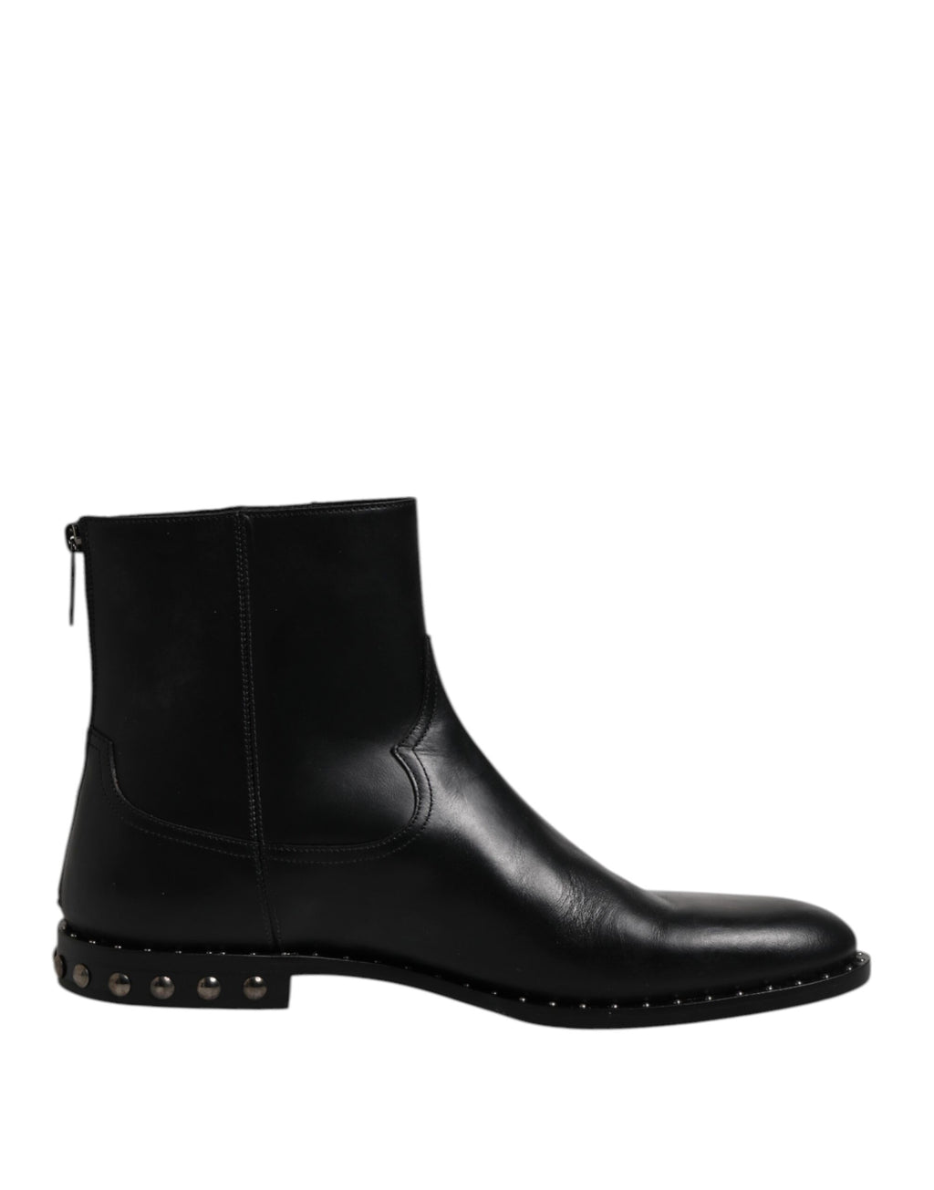 Chaussures bottines en cuir noir Dolce & Gabbana avec logo, clous décoratifs et semelle en cuir, vue de profil.