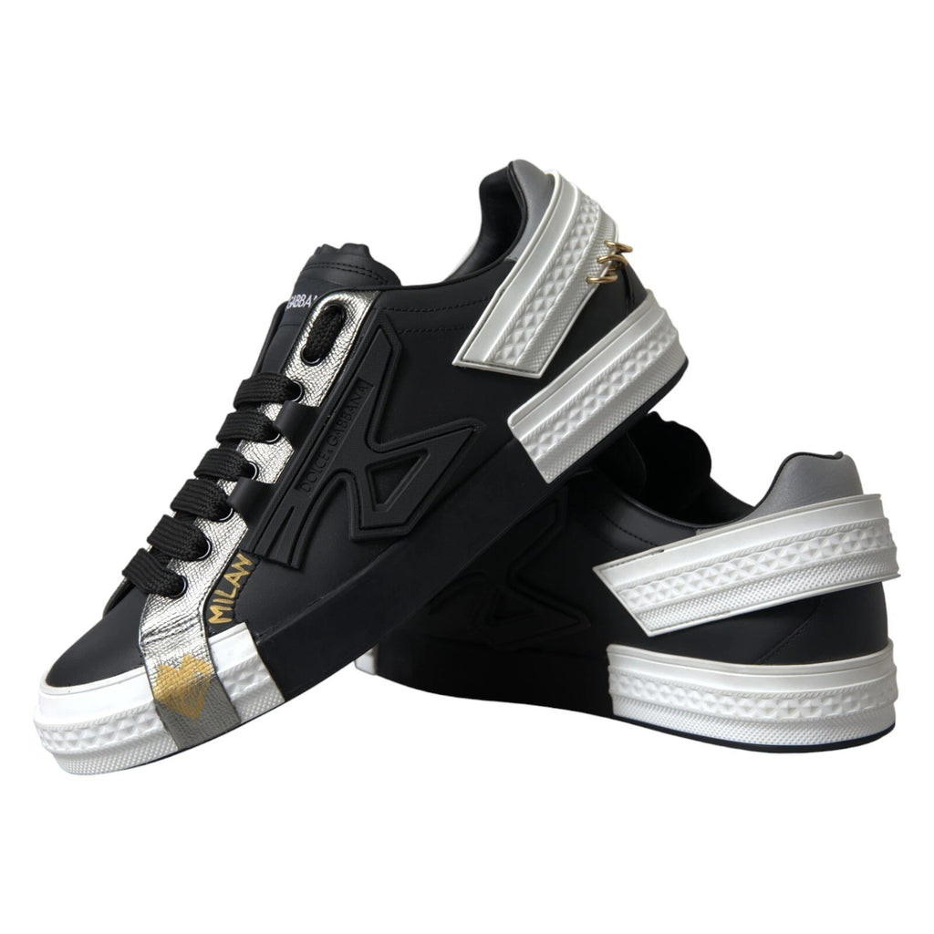 Chaussures sneakers basses en cuir noir Dolce & Gabbana Portofino, vue de face.