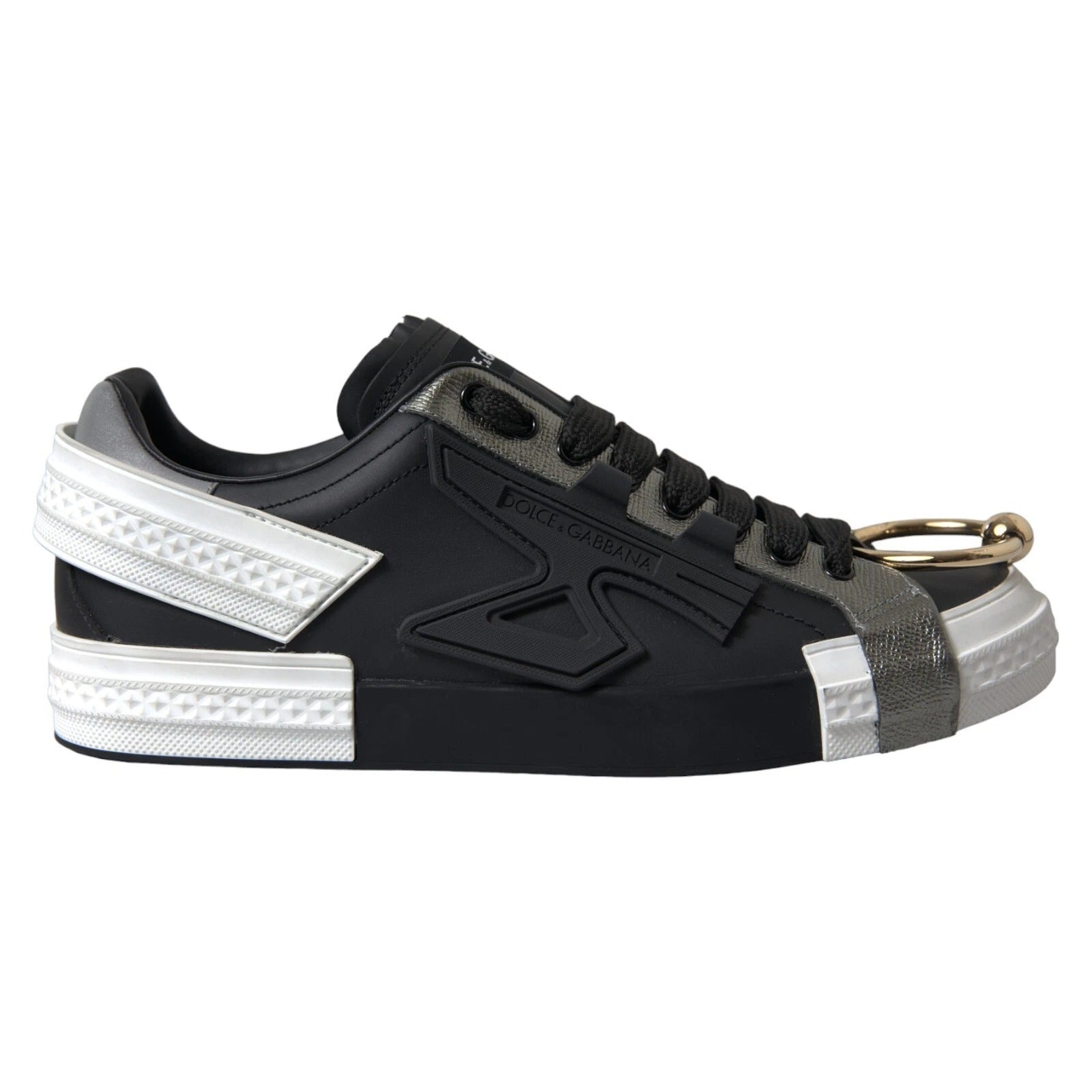 Chaussures basses en cuir noir Dolce & Gabbana Portofino, baskets basses élégantes avec design moderne et logo de la marque.