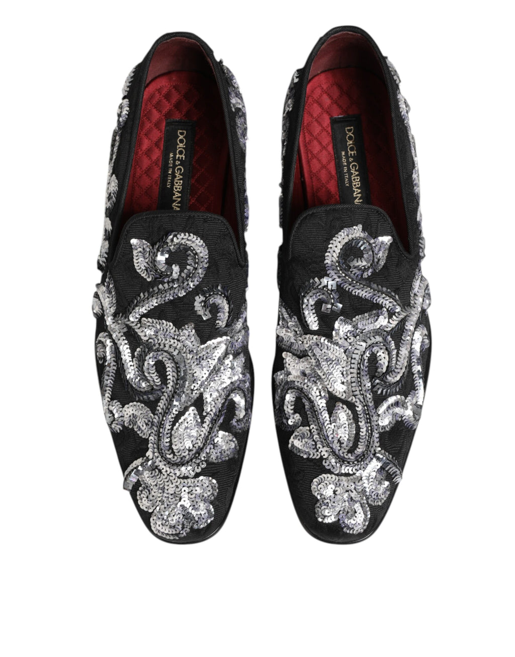 Chaussures mocassins homme Dolce & Gabbana noires avec sequins argentés, élégantes chaussures de ville en cuir brillant.