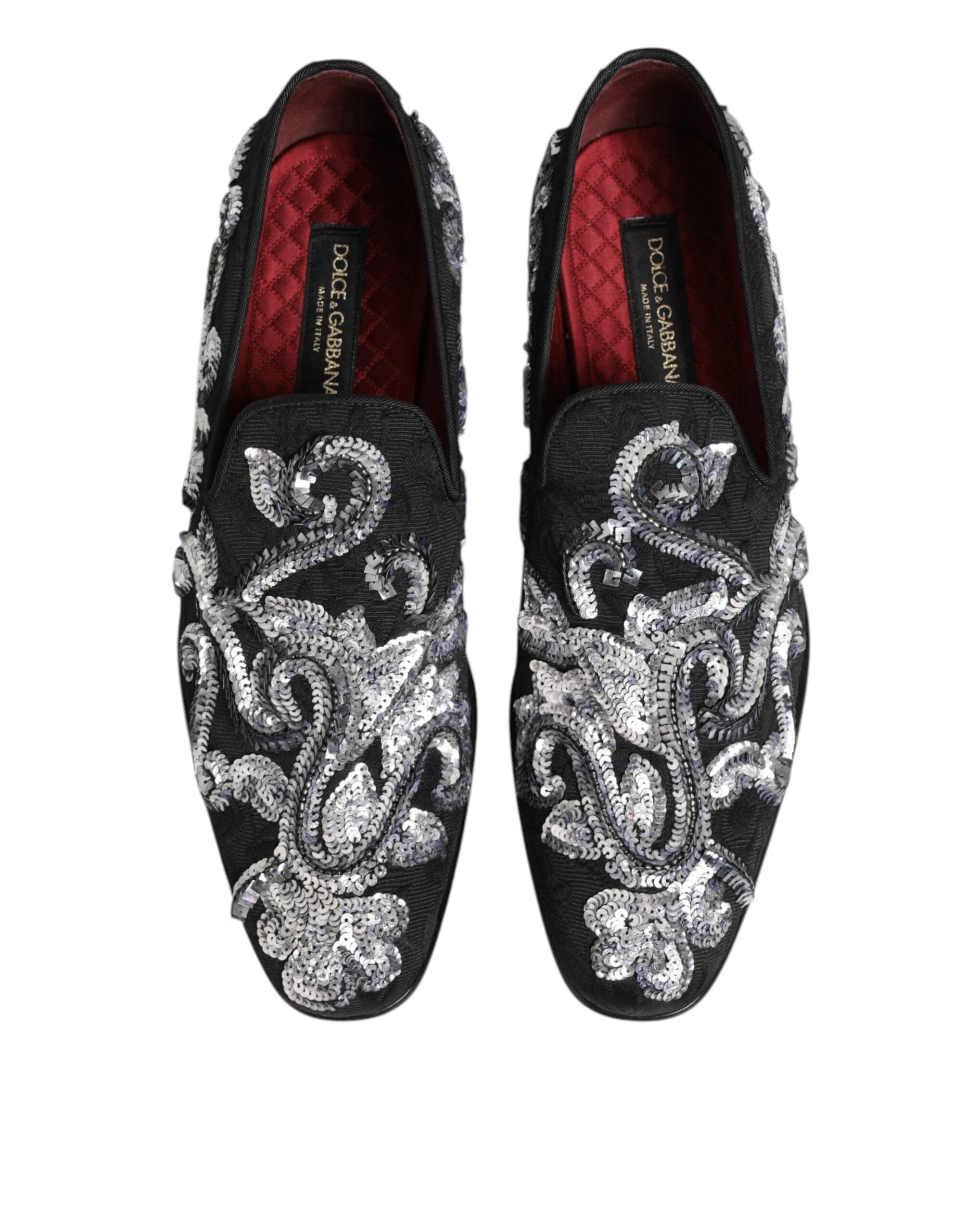 Chaussures mocassins homme Dolce & Gabbana noires avec sequins argentés, élégantes chaussures de ville en cuir brillant.