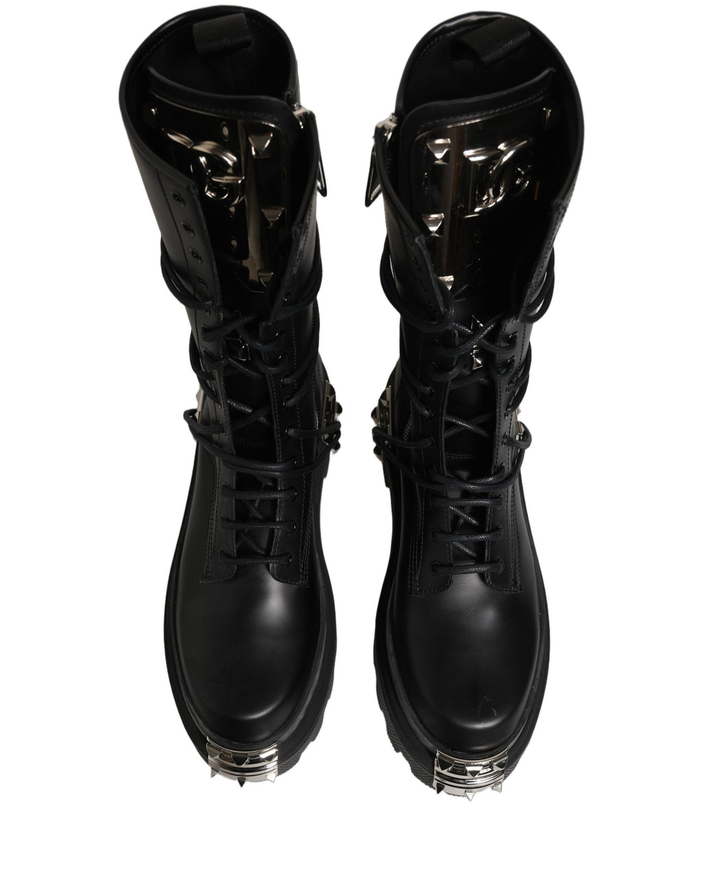 Bottes combat à plateforme noires Dolce & Gabbana avec studs, style robuste et tendance, vues de face sur fond blanc.