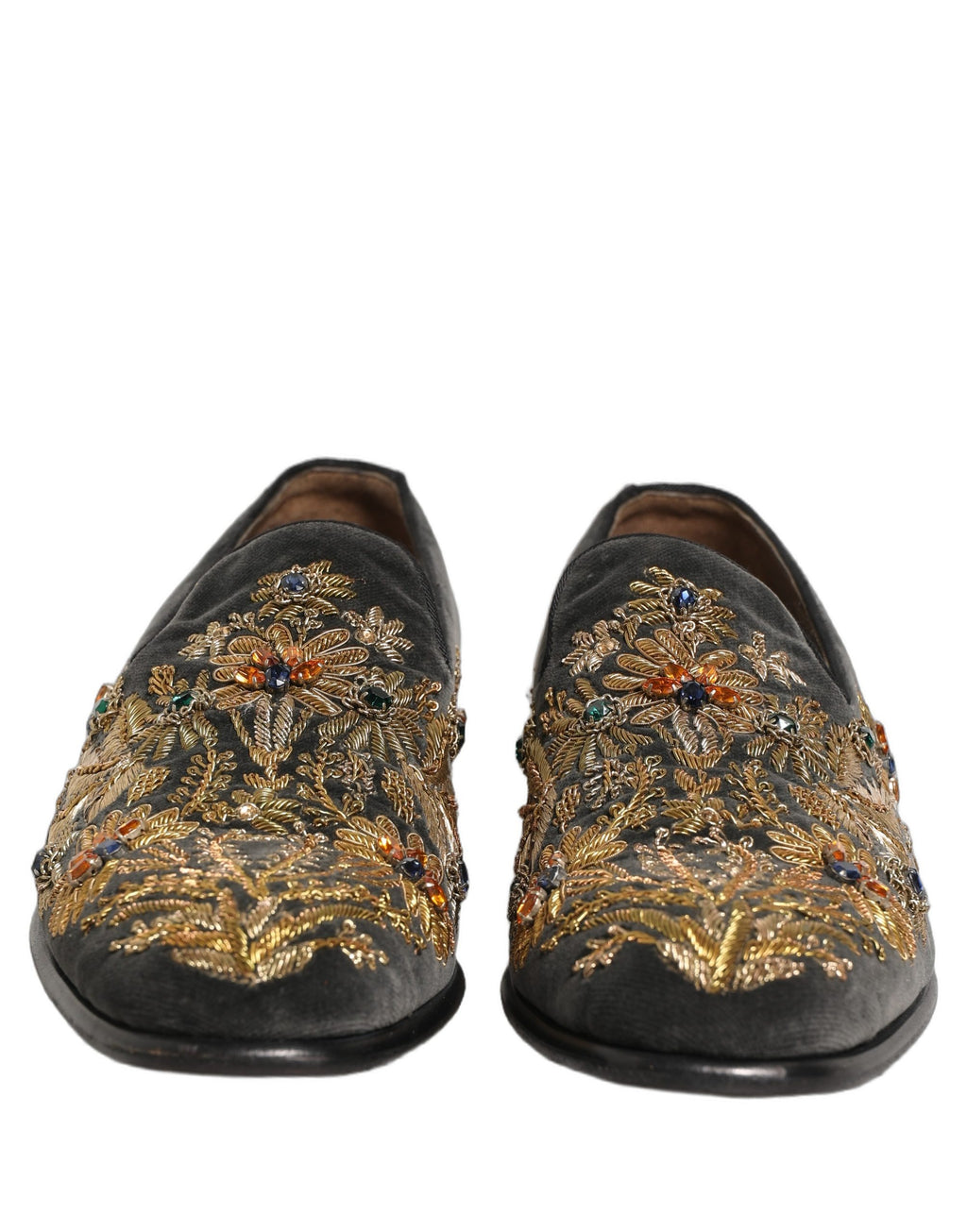Chaussures Dolce & Gabbana en velours noir avec embellissements, style mocassins élégants pour femmes.
