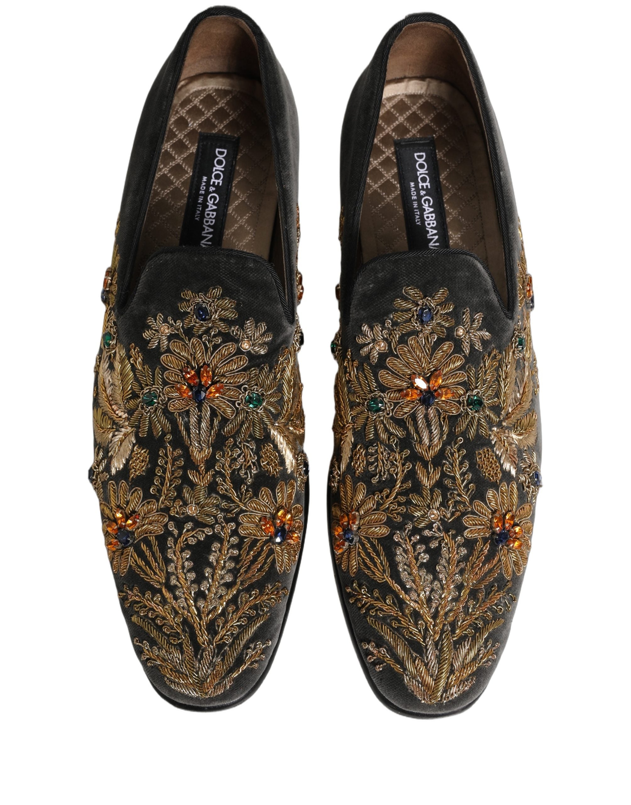 Chaussures mocassins Dolce & Gabbana en velours noir avec embellissements, élégantes et sophistiquées pour femmes.