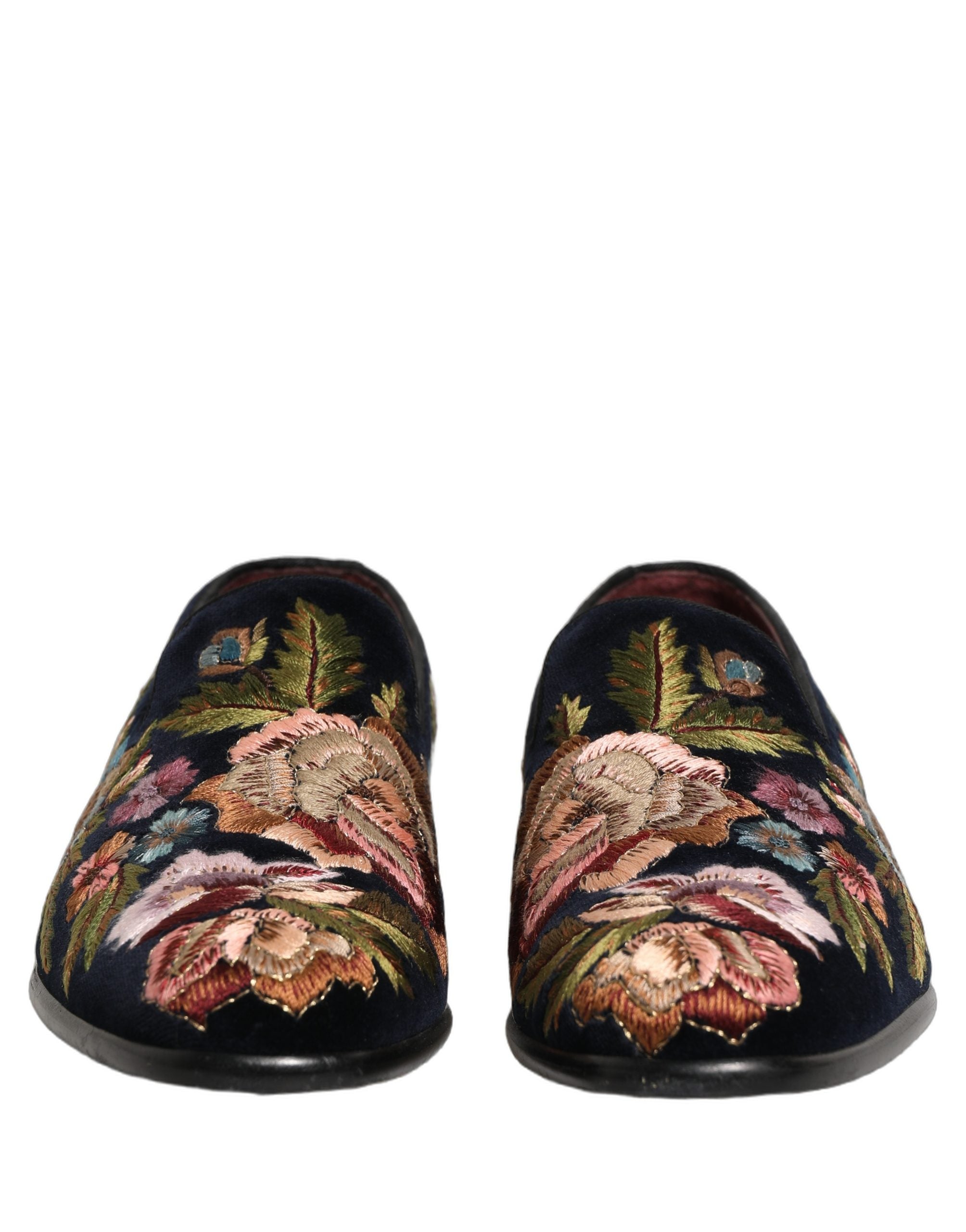 Chaussures mocassins en velours noir Dolce & Gabbana avec broderie florale élégante et détails sophistiqués.