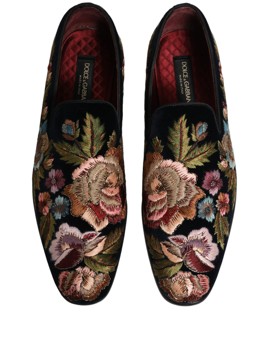 Chaussures loafers en velours noir Dolce & Gabbana avec broderies florales élégantes, détails sophistiqués et finition raffinée.