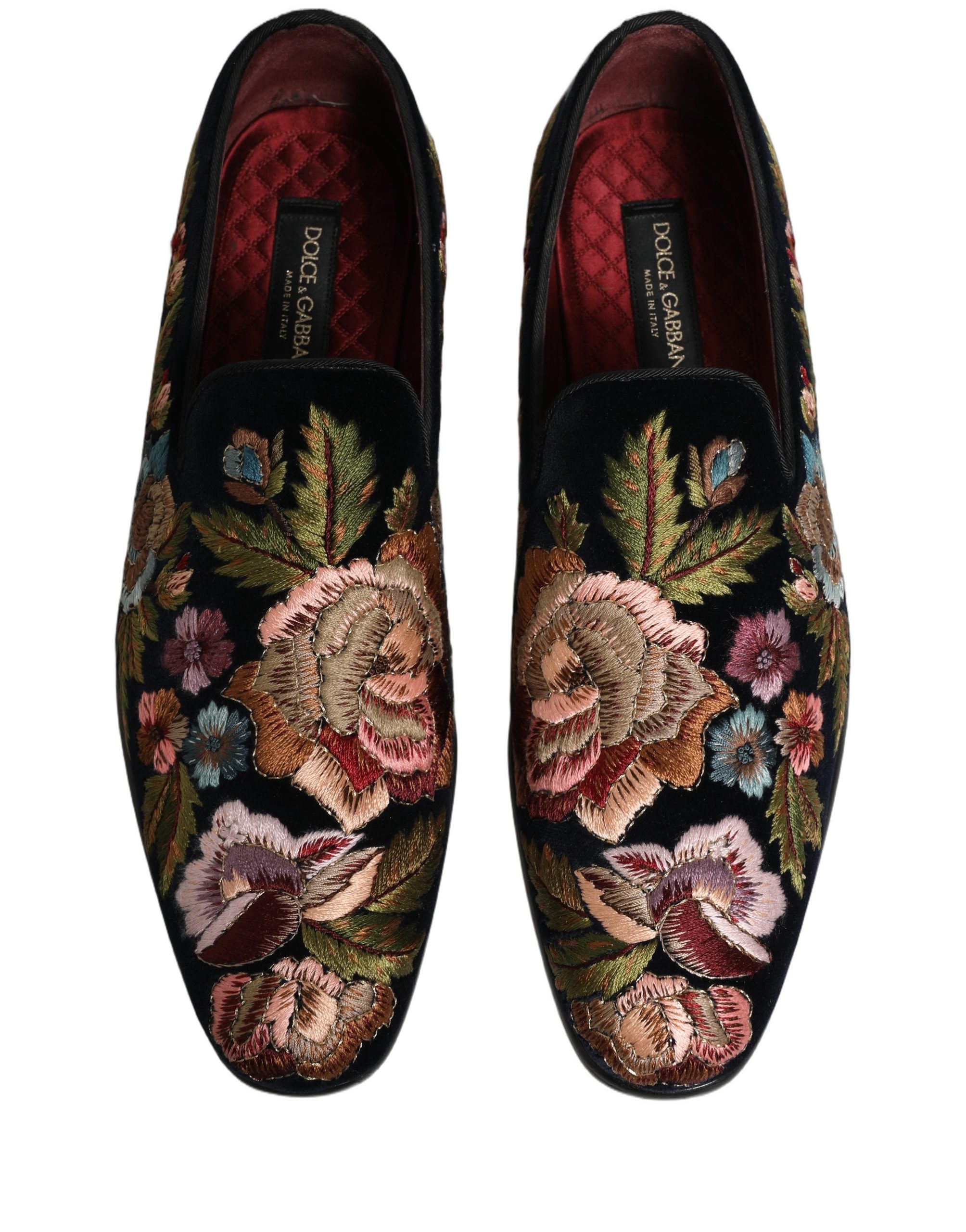 Chaussures loafers en velours noir Dolce & Gabbana avec broderies florales élégantes, détails sophistiqués et finition raffinée.