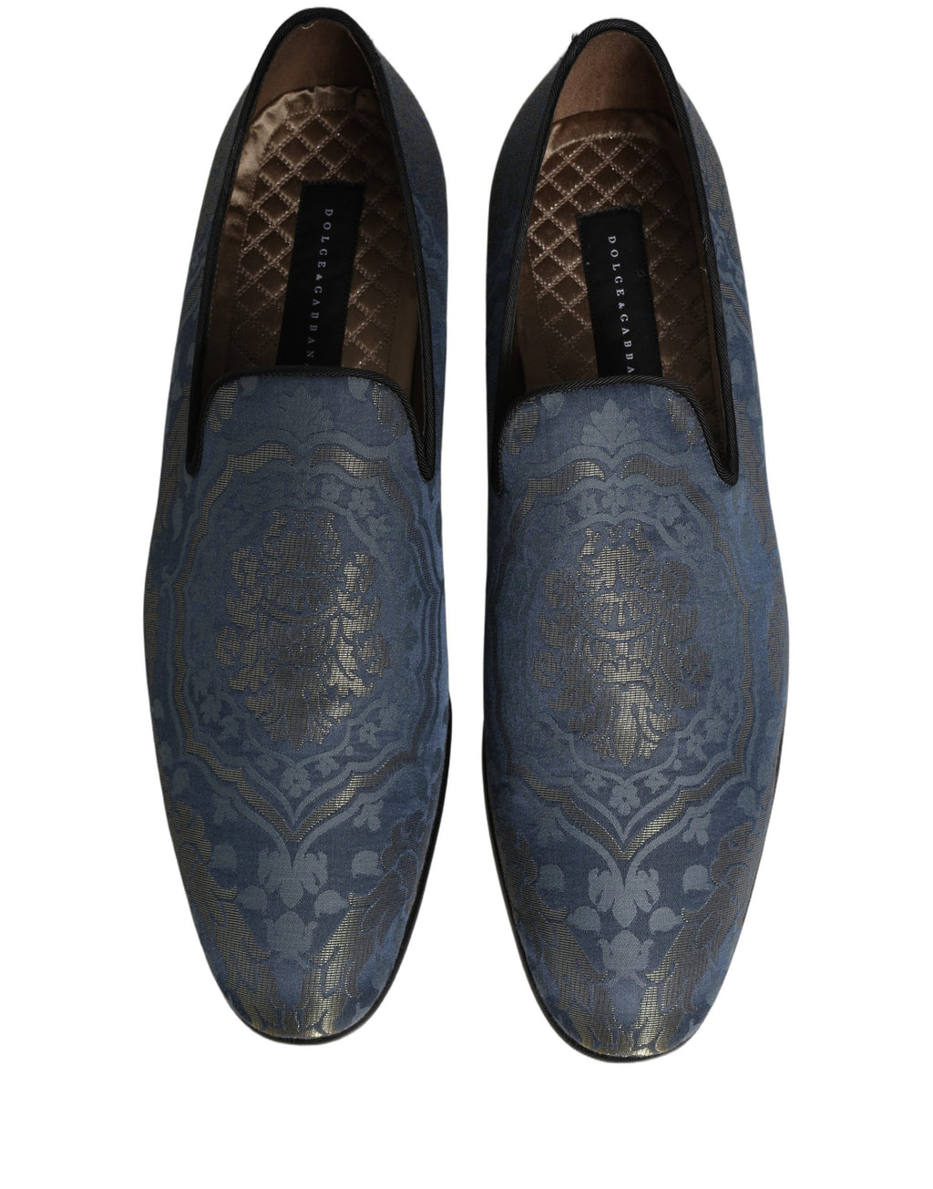 Chaussures mocassins Dolce & Gabbana bleu à broderie florale en brocart, style slip-on élégante pour femmes.