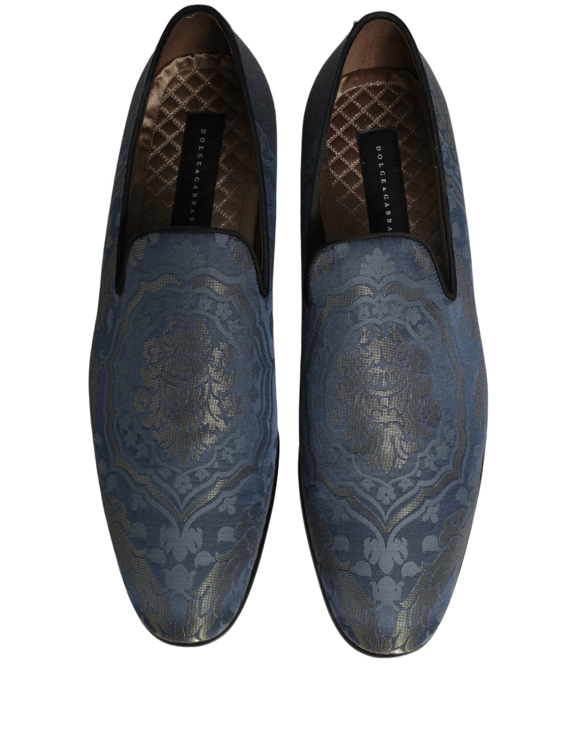 Chaussures mocassins Dolce & Gabbana bleu à broderie florale en brocart, style slip-on élégante pour femmes.