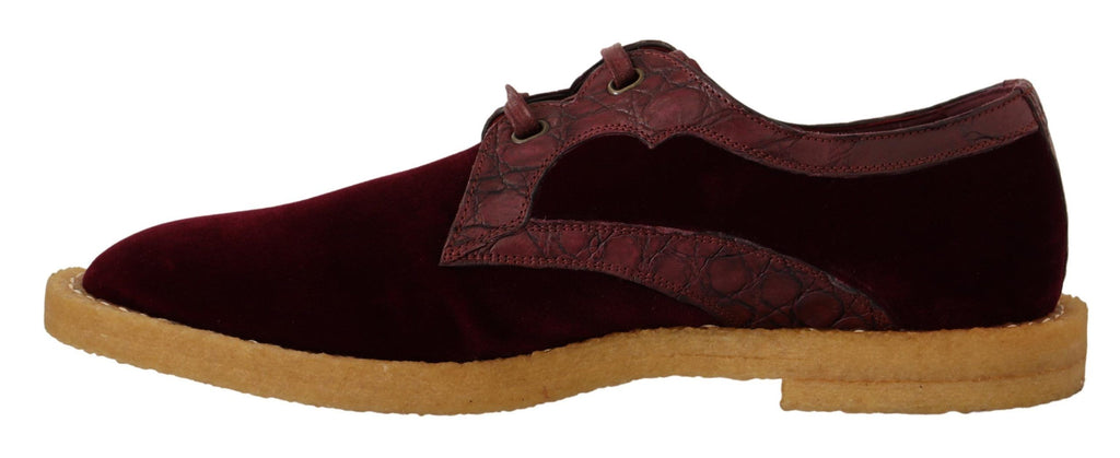 Chaussures en velours bordeaux et cuir exotique Dolce & Gabbana, style élégant avec détails sophistiqués.