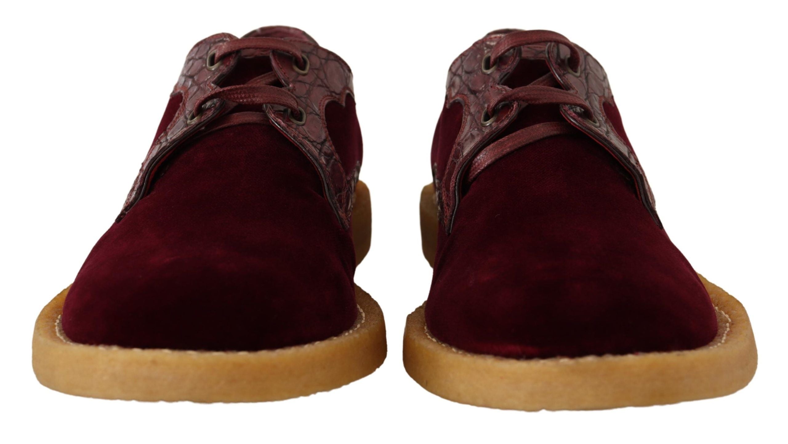 Chaussures en velours bordeaux et cuir exotique Dolce & Gabbana, style élégant et luxe, vue de face.
