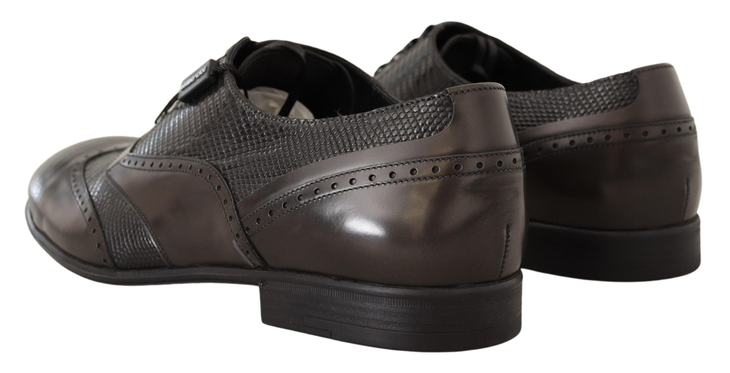Chaussures Oxford en cuir de lézard brun Dolce & Gabbana, élégantes et sophistiquées, vues de côté avec détails de la texture du cuir.