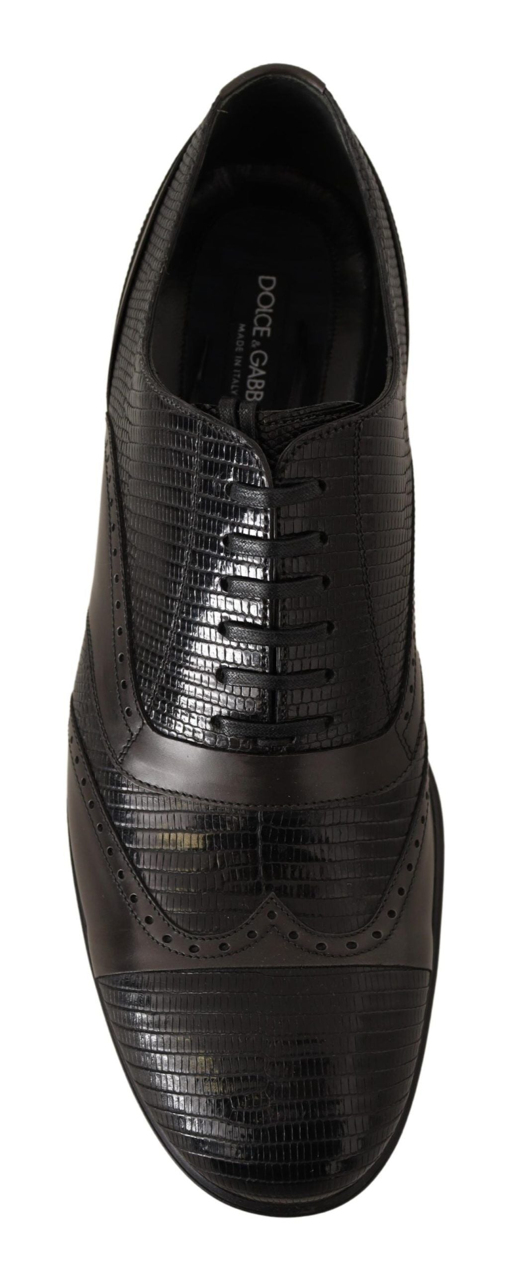 Chaussures Oxford en cuir de lézard marron de Dolce & Gabbana, élégantes et sophistiquées, vues de face sur fond neutre.