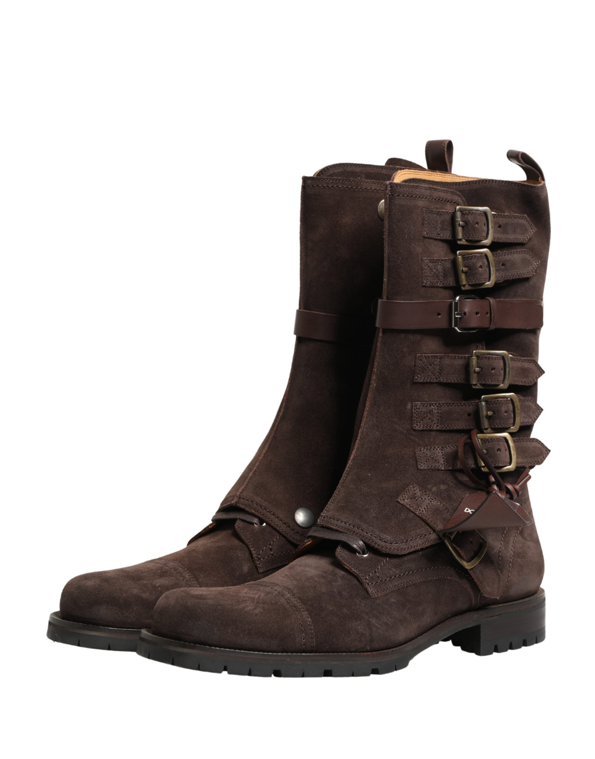 Bottes combat en cuir suédé marron de Dolce & Gabbana, chaussures montantes élégantes avec semelle épaisse.