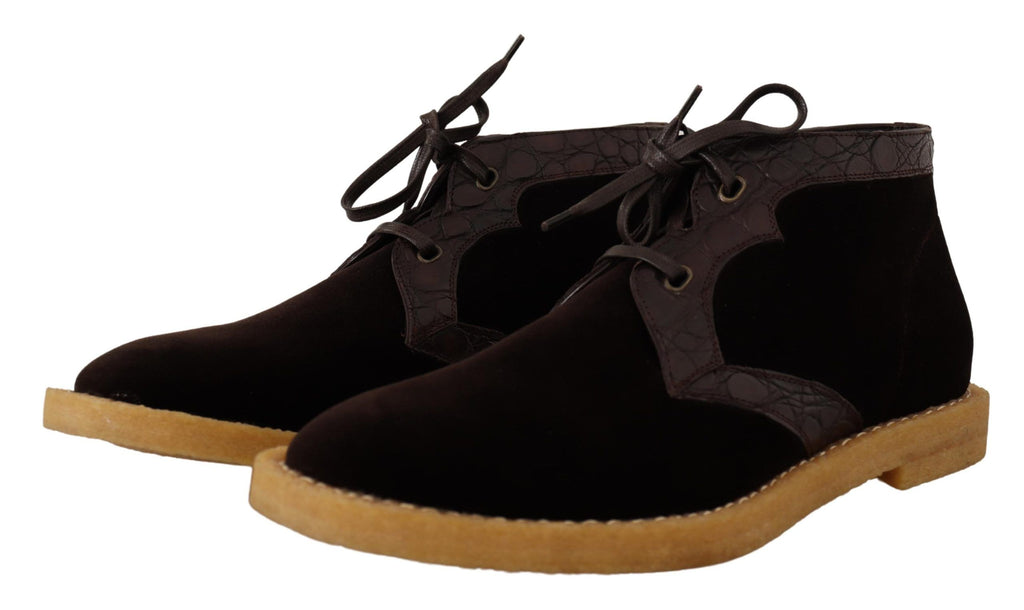 Bottes en velours marron en cuir exotique de Dolce & Gabbana, style élégant et sophistiqué pour femmes.