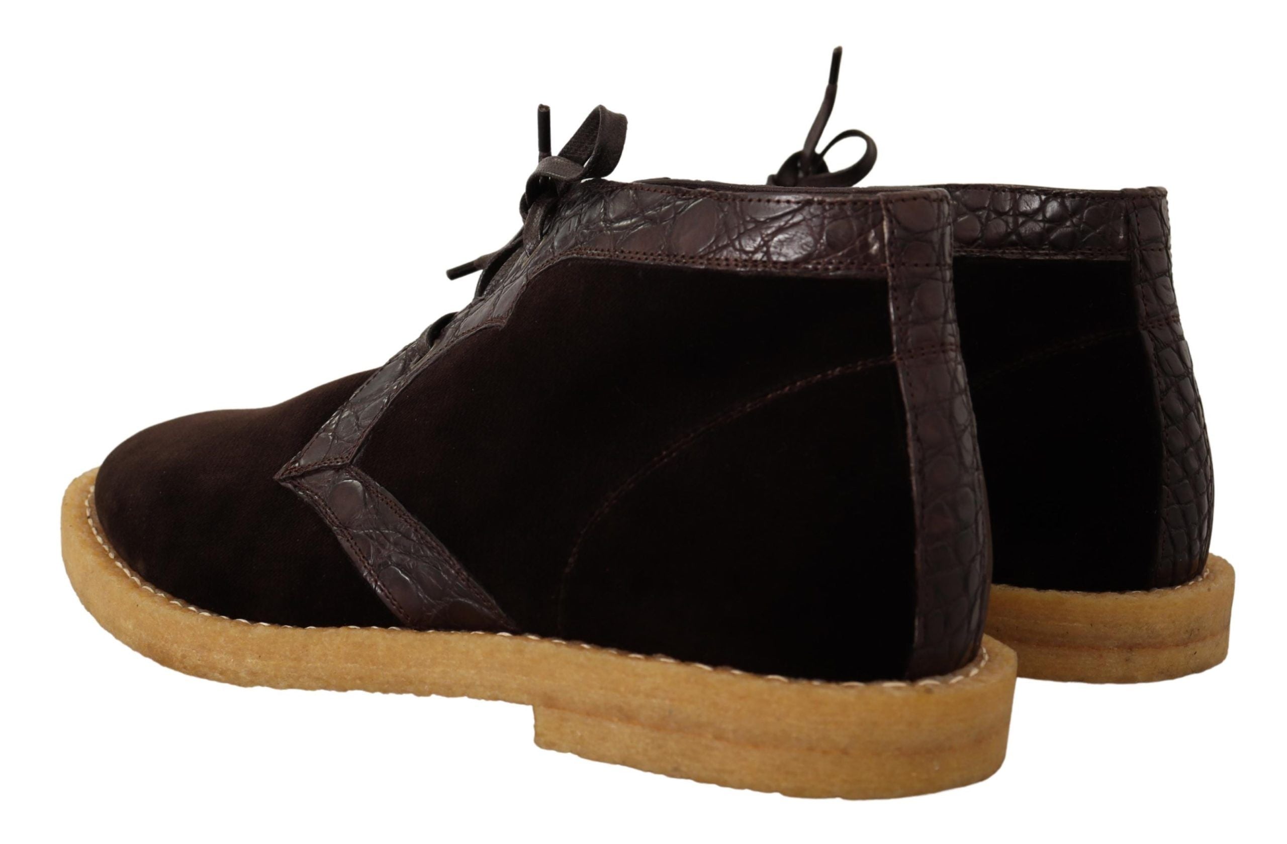 Bottes en velours marron Dolce & Gabbana avec détails en cuir exotique, mode élégante et sophistiquée.
