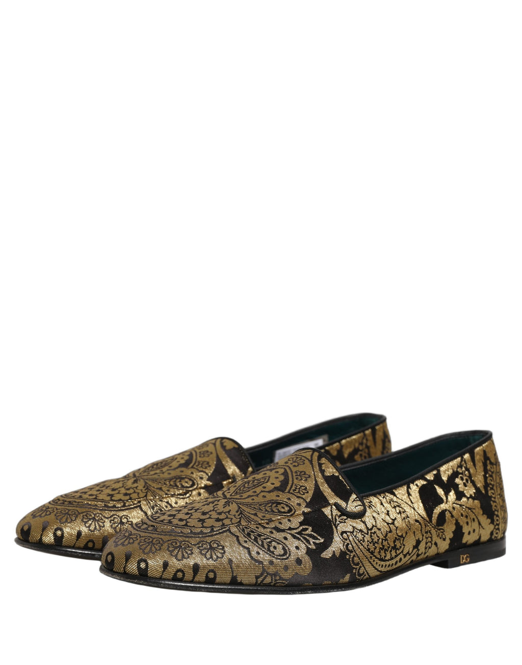 Chaussures mocassins Dolce & Gabbana en jacquard doré et cuir, slip-on élégants pour un style sophistiqué.