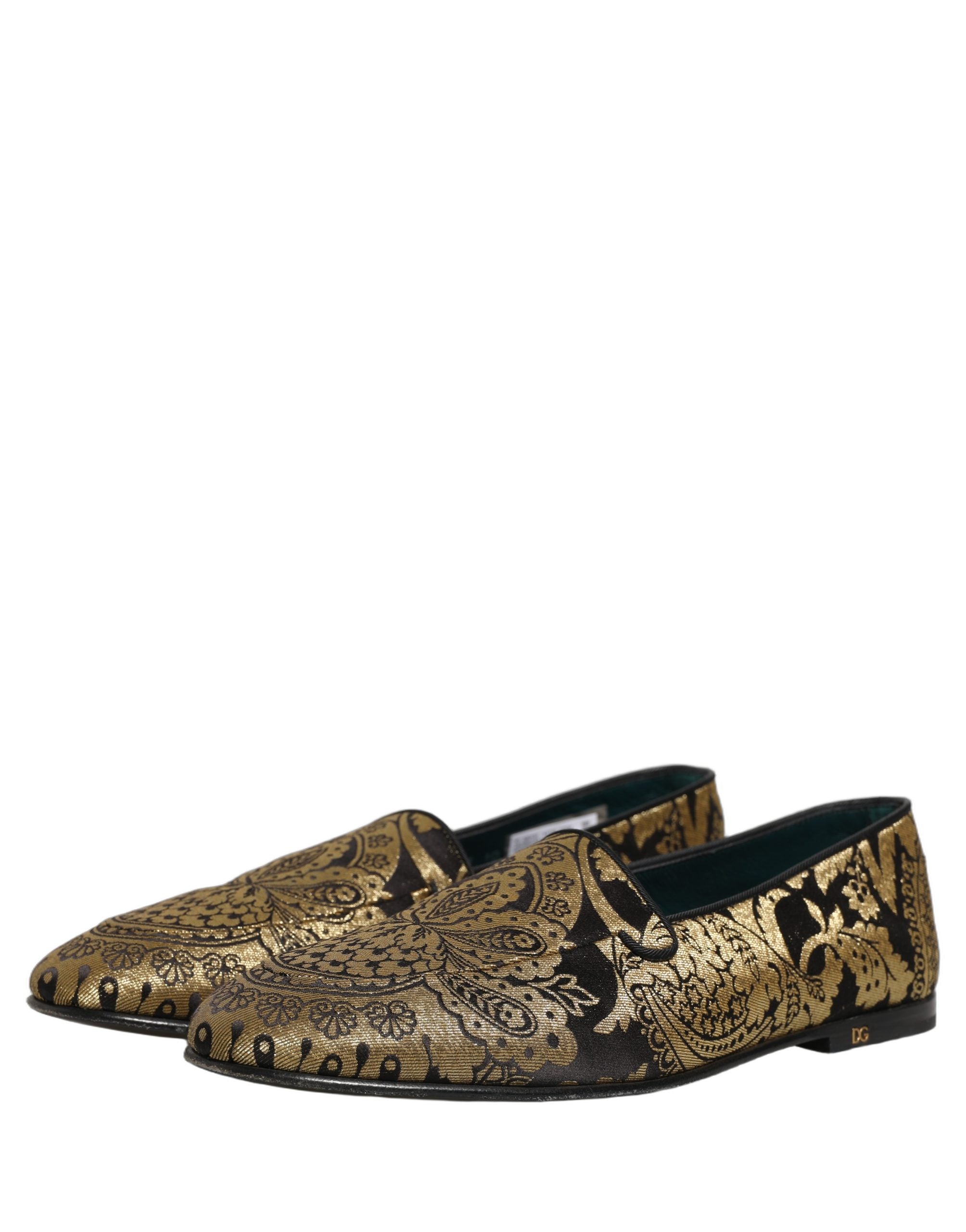 Chaussures mocassins Dolce & Gabbana en jacquard doré et cuir, slip-on élégants pour un style sophistiqué.