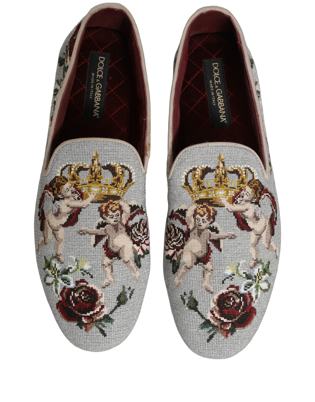 Chaussures mocassins Dolce & Gabbana gris avec broderie d'ange, couronne et rose, élégantes et sophistiquées.