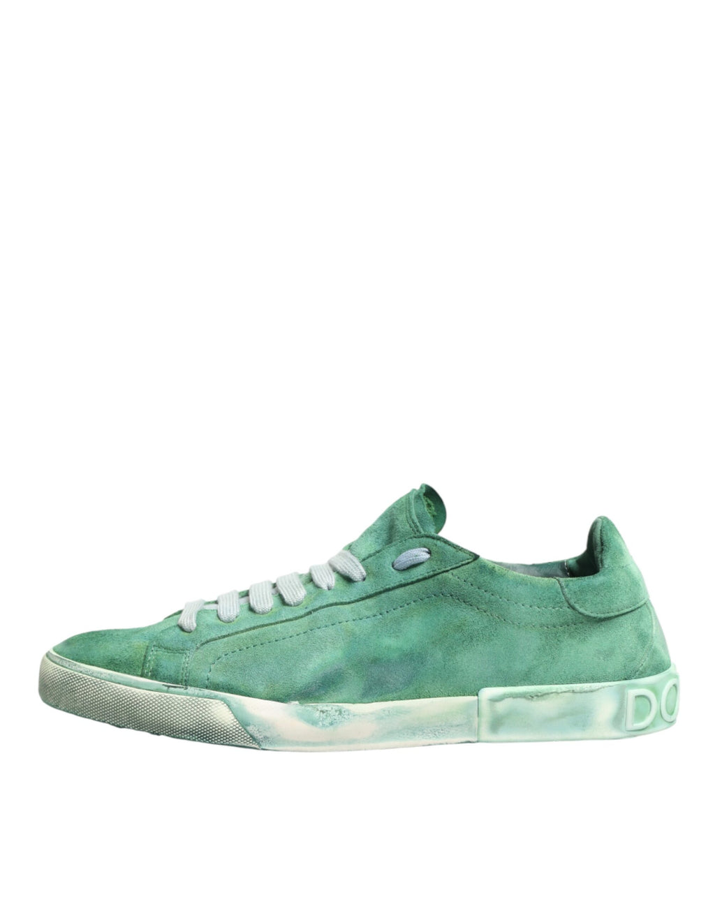 Chaussures basses Dolce & Gabbana en daim vert avec logo DG sur la semelle, design moderne et élégant.