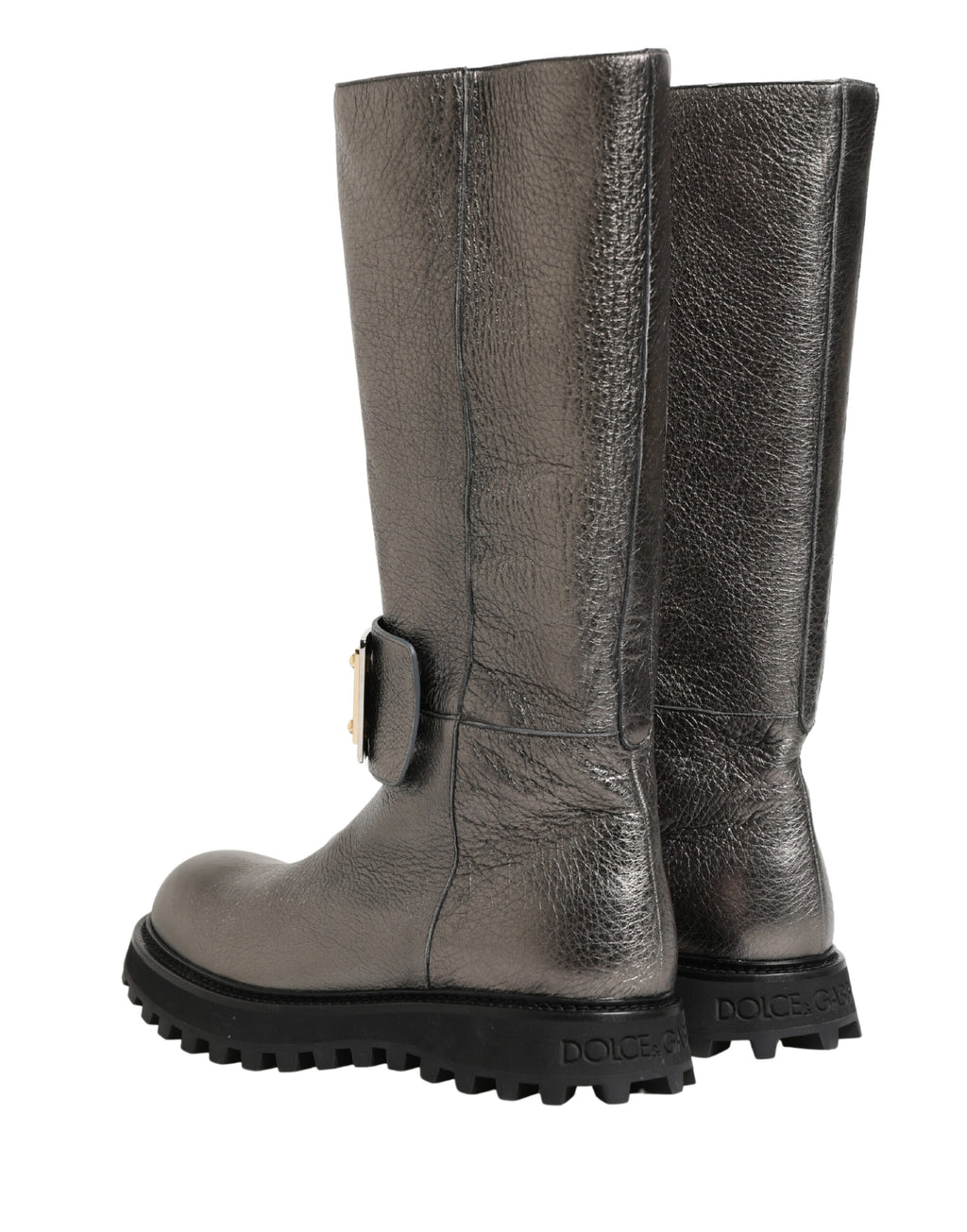 Bottes en cuir argenté métallisé Dolce & Gabbana, mi-mollet, avec design élégant et finition brillante.