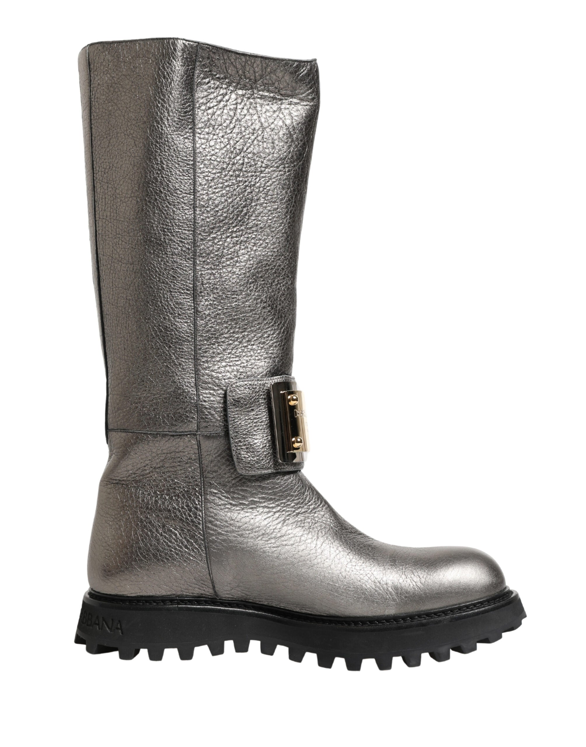 Bottes en cuir argenté métallisé Dolce & Gabbana, mi-mollet, avec finition brillante et design élégant.