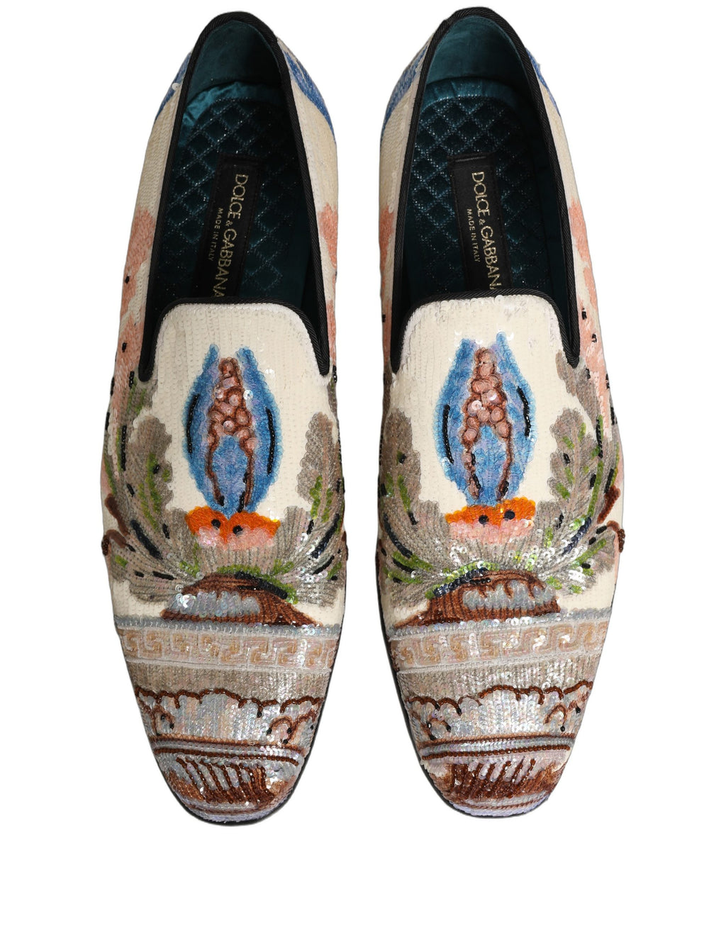 Chaussures mocassins Dolce & Gabbana à sequins multicolores et broderies, élégantes et tendance.