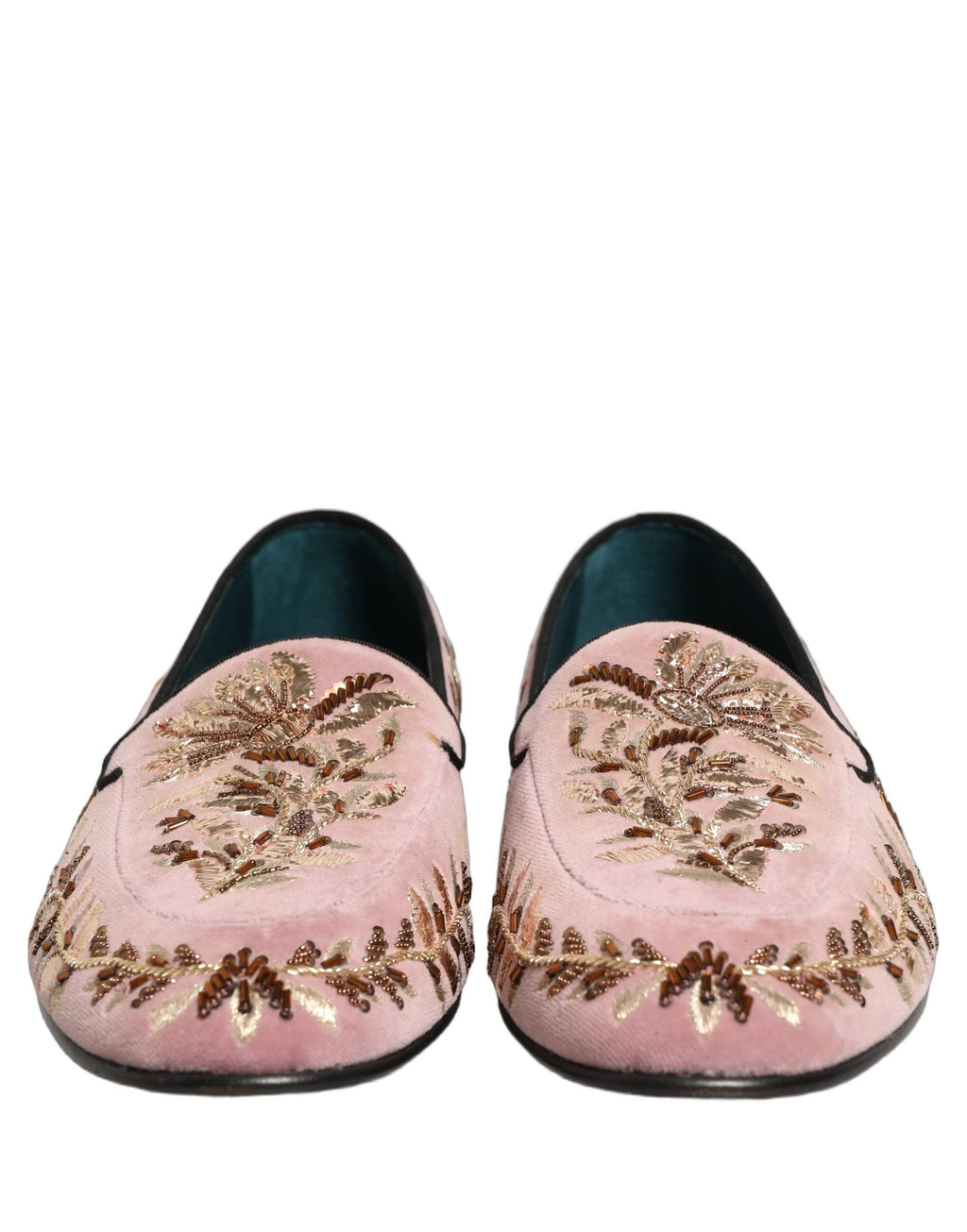 Chaussures Mocassins Dolce & Gabbana en velours rose avec broderie florale, élégantes et raffinées, pour un look sophistiqué.