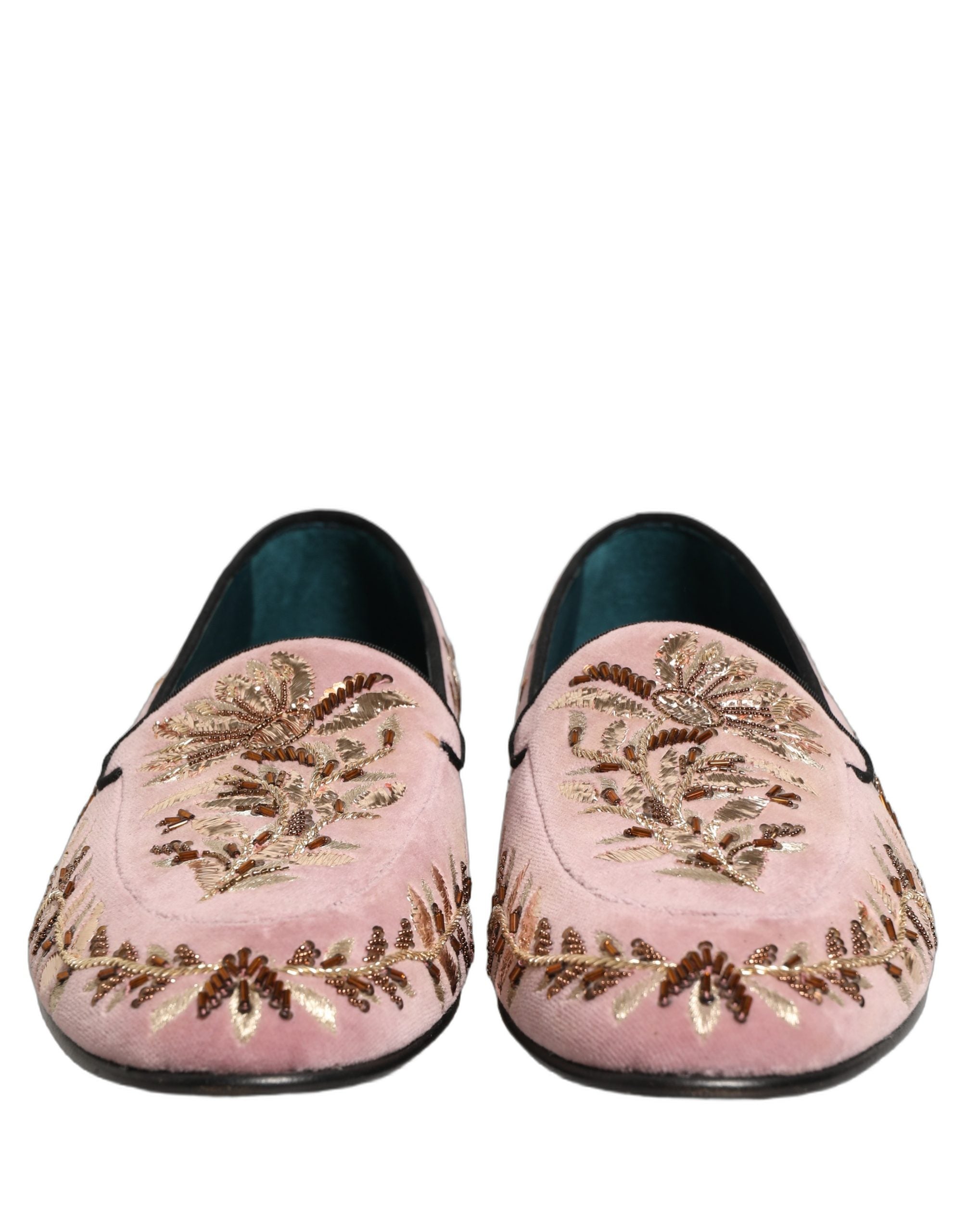 Chaussures Mocassins Dolce & Gabbana en velours rose avec broderie florale, élégantes et raffinées, pour un look sophistiqué.