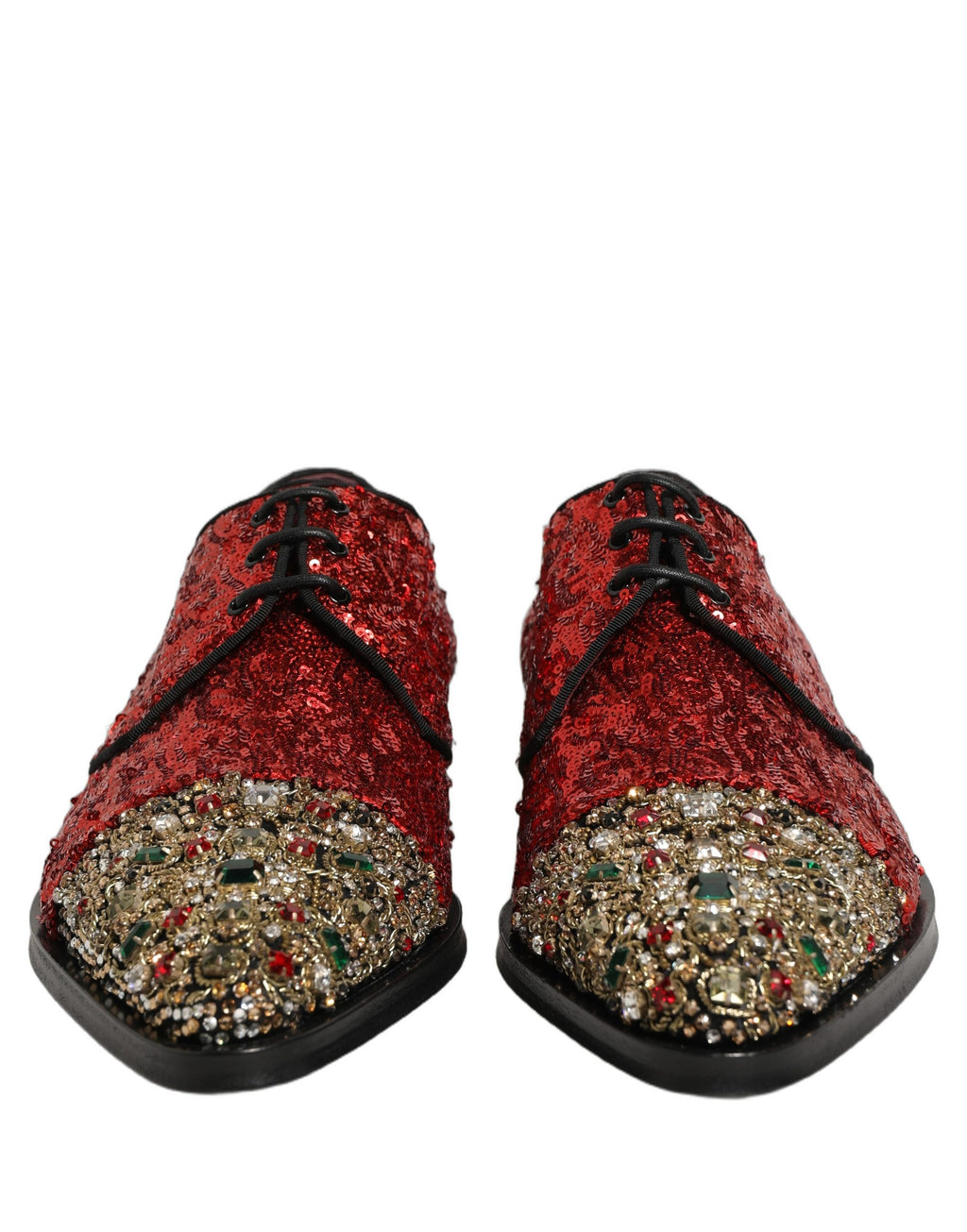 Chaussures Derby pour homme Dolce & Gabbana rouge à sequins brodés, élégantes et brillantes pour occasions spéciales.
